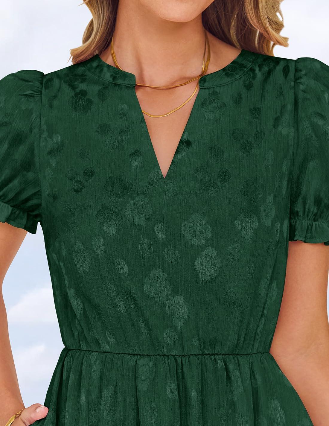 imageZESICA Womens 2025 Summer Puff Short Sleeve Midi Dress Floral V Neck Textured Ruffle Flowy Beach Party DressesGreen