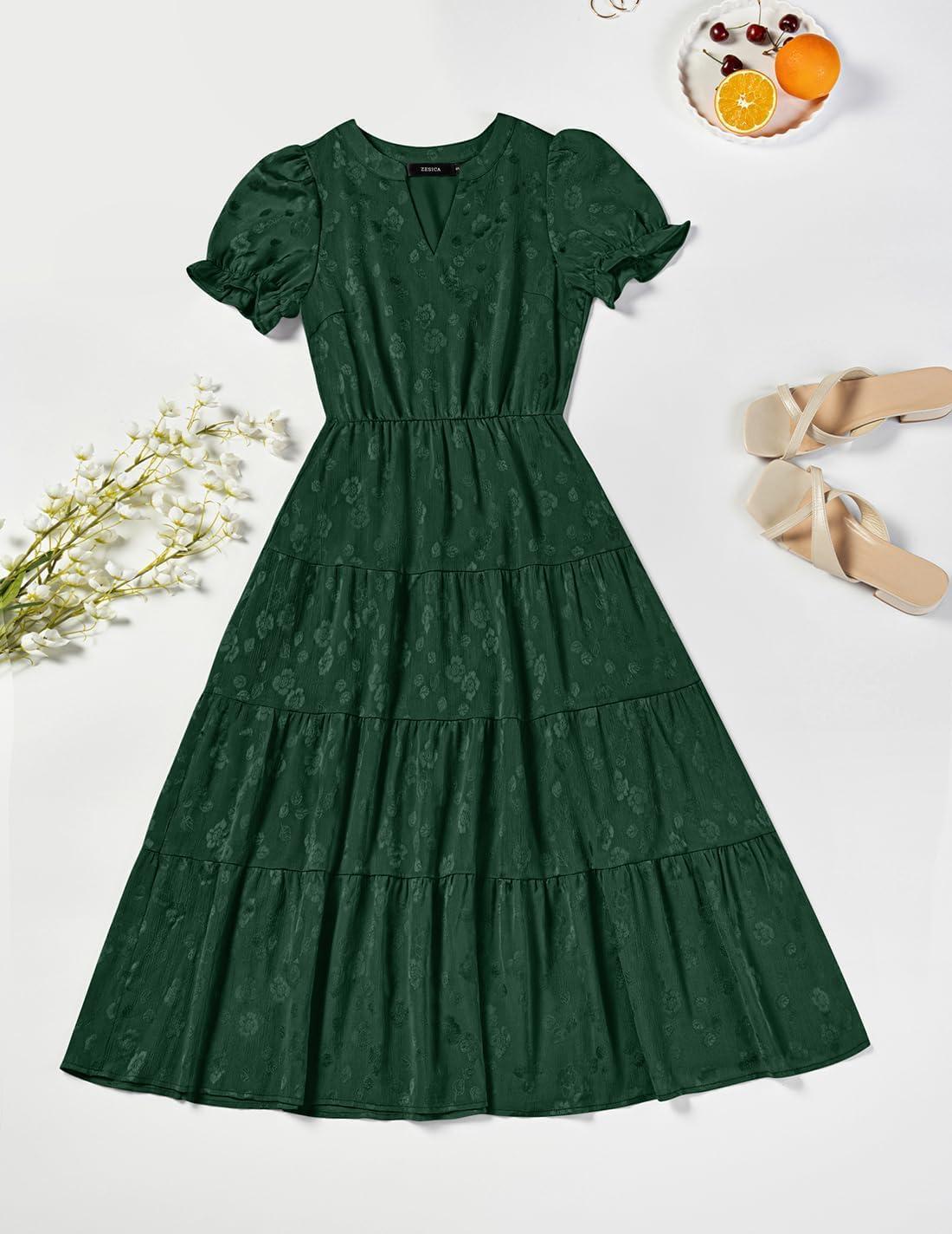 imageZESICA Womens 2025 Summer Puff Short Sleeve Midi Dress Floral V Neck Textured Ruffle Flowy Beach Party DressesGreen