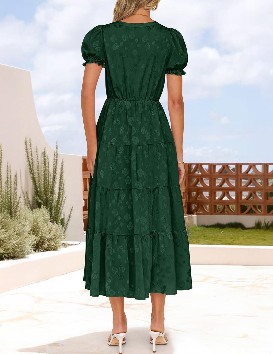 imageZESICA Womens 2025 Summer Puff Short Sleeve Midi Dress Floral V Neck Textured Ruffle Flowy Beach Party DressesGreen