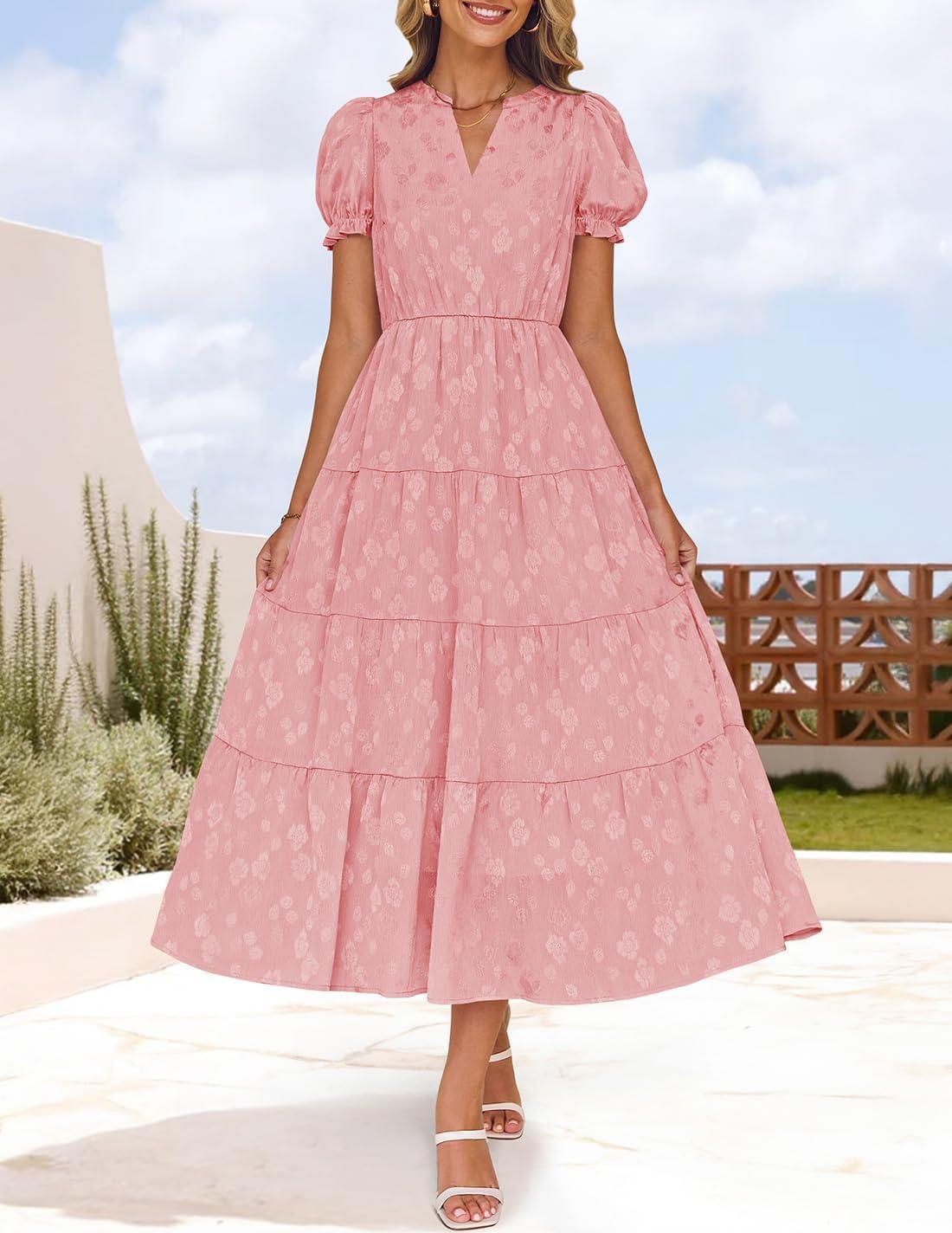 imageZESICA Womens 2025 Summer Puff Short Sleeve Midi Dress Floral V Neck Textured Ruffle Flowy Beach Party DressesPink