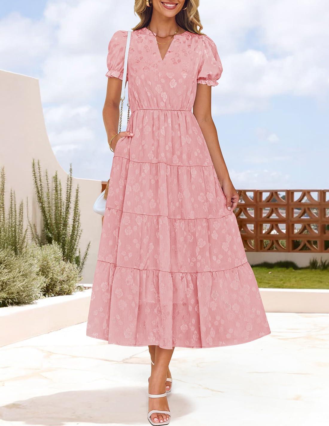 imageZESICA Womens 2025 Summer Puff Short Sleeve Midi Dress Floral V Neck Textured Ruffle Flowy Beach Party DressesPink