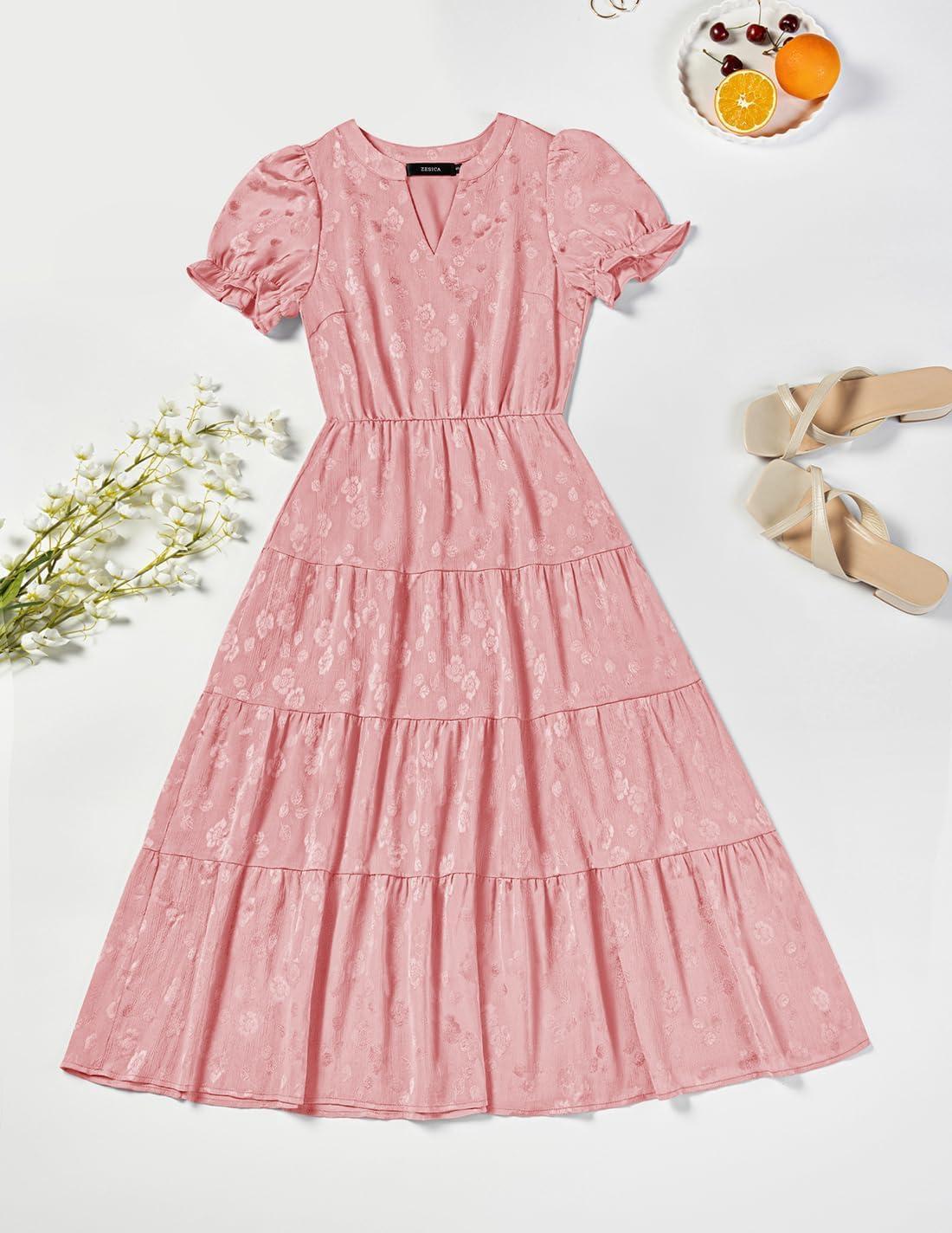 imageZESICA Womens 2025 Summer Puff Short Sleeve Midi Dress Floral V Neck Textured Ruffle Flowy Beach Party DressesPink