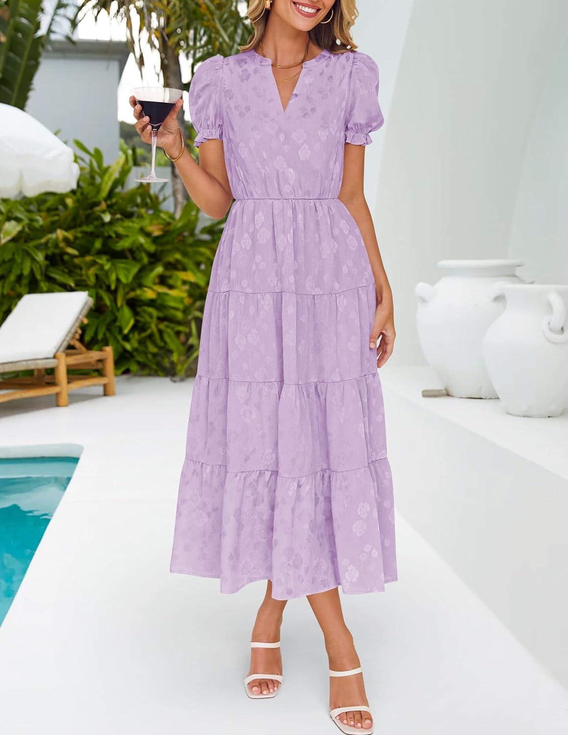 imageZESICA Womens 2025 Summer Puff Short Sleeve Midi Dress Floral V Neck Textured Ruffle Flowy Beach Party DressesPurple