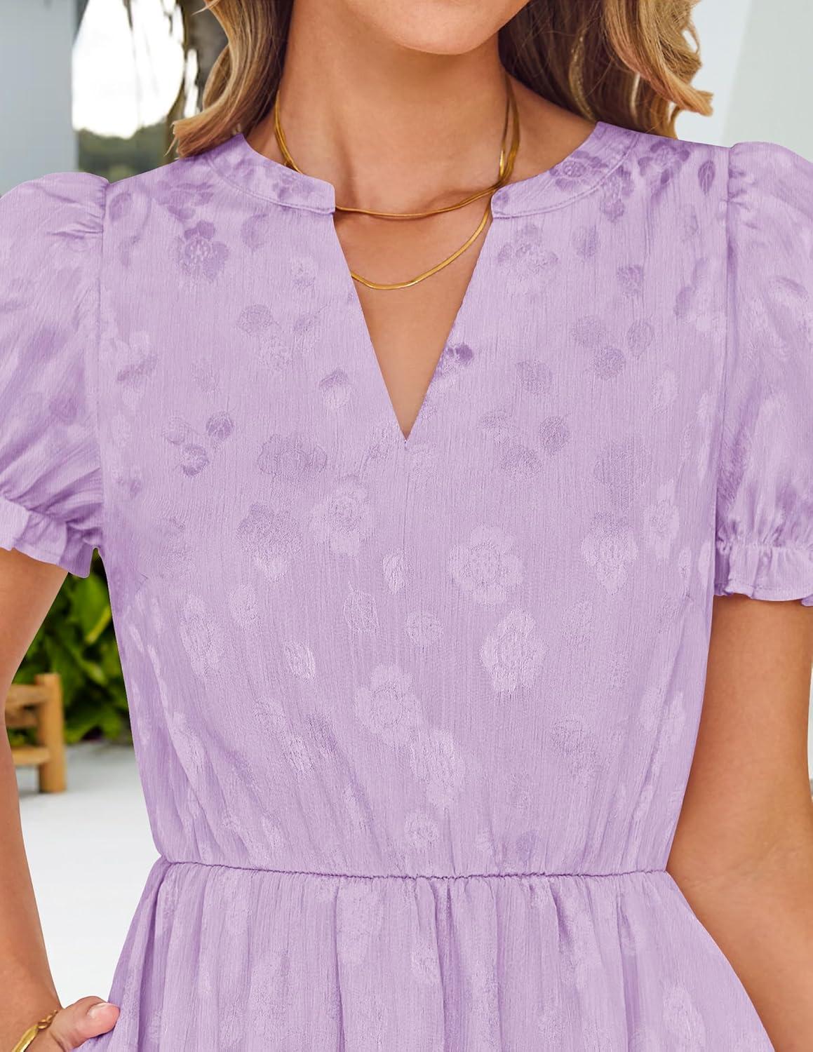 imageZESICA Womens 2025 Summer Puff Short Sleeve Midi Dress Floral V Neck Textured Ruffle Flowy Beach Party DressesPurple