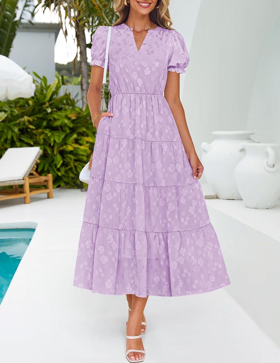 imageZESICA Womens 2025 Summer Puff Short Sleeve Midi Dress Floral V Neck Textured Ruffle Flowy Beach Party DressesPurple