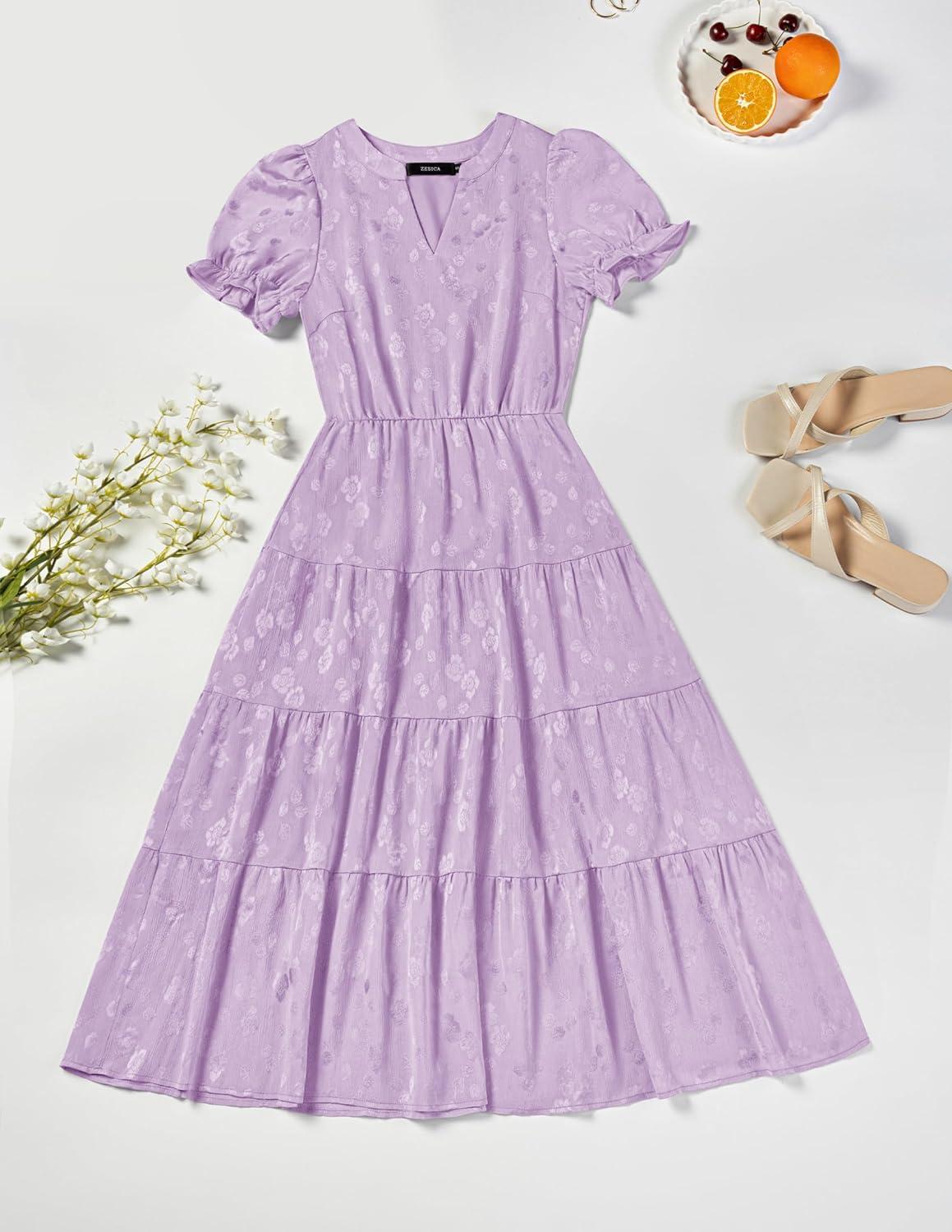 imageZESICA Womens 2025 Summer Puff Short Sleeve Midi Dress Floral V Neck Textured Ruffle Flowy Beach Party DressesPurple