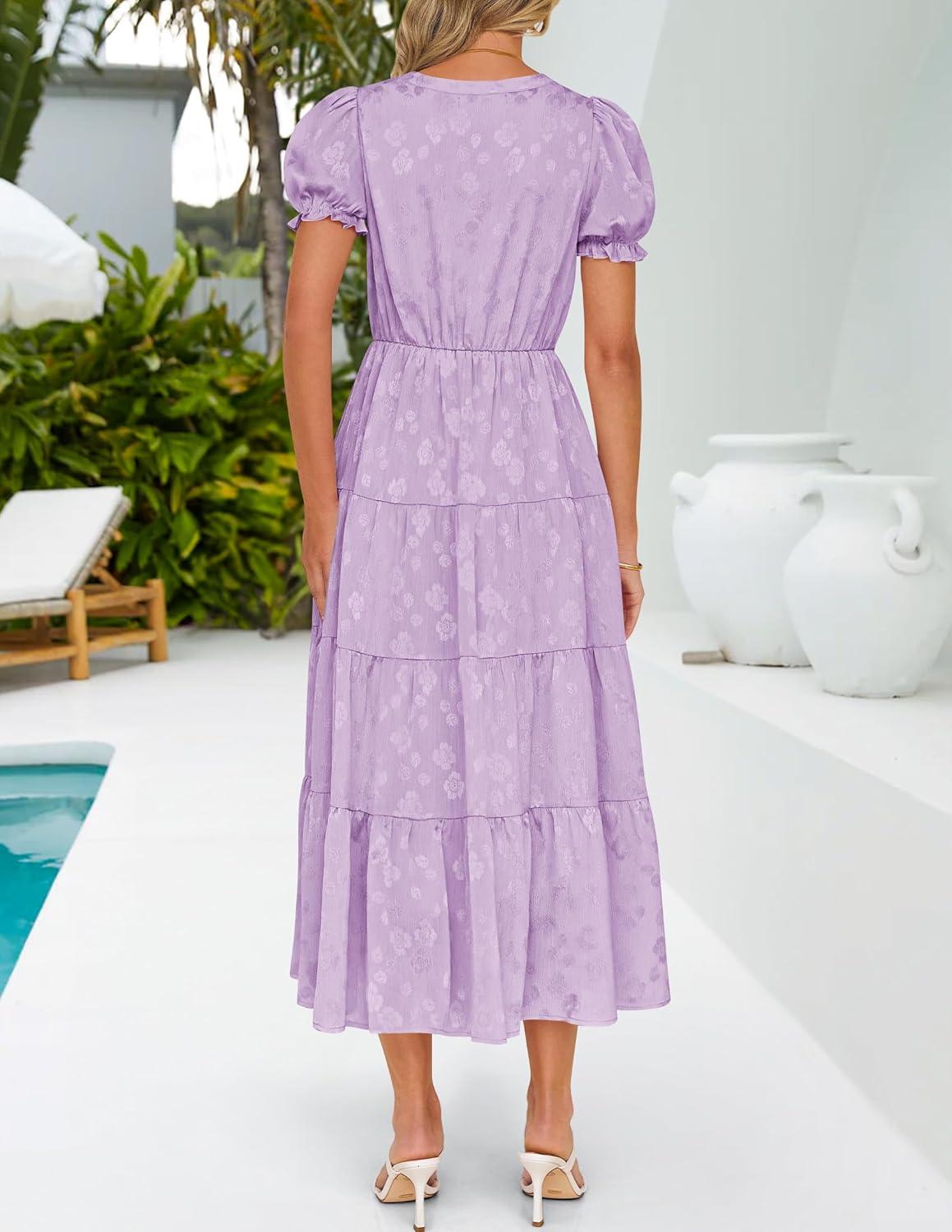 imageZESICA Womens 2025 Summer Puff Short Sleeve Midi Dress Floral V Neck Textured Ruffle Flowy Beach Party DressesPurple