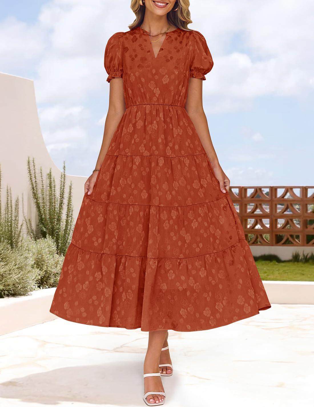 imageZESICA Womens 2025 Summer Puff Short Sleeve Midi Dress Floral V Neck Textured Ruffle Flowy Beach Party DressesRust