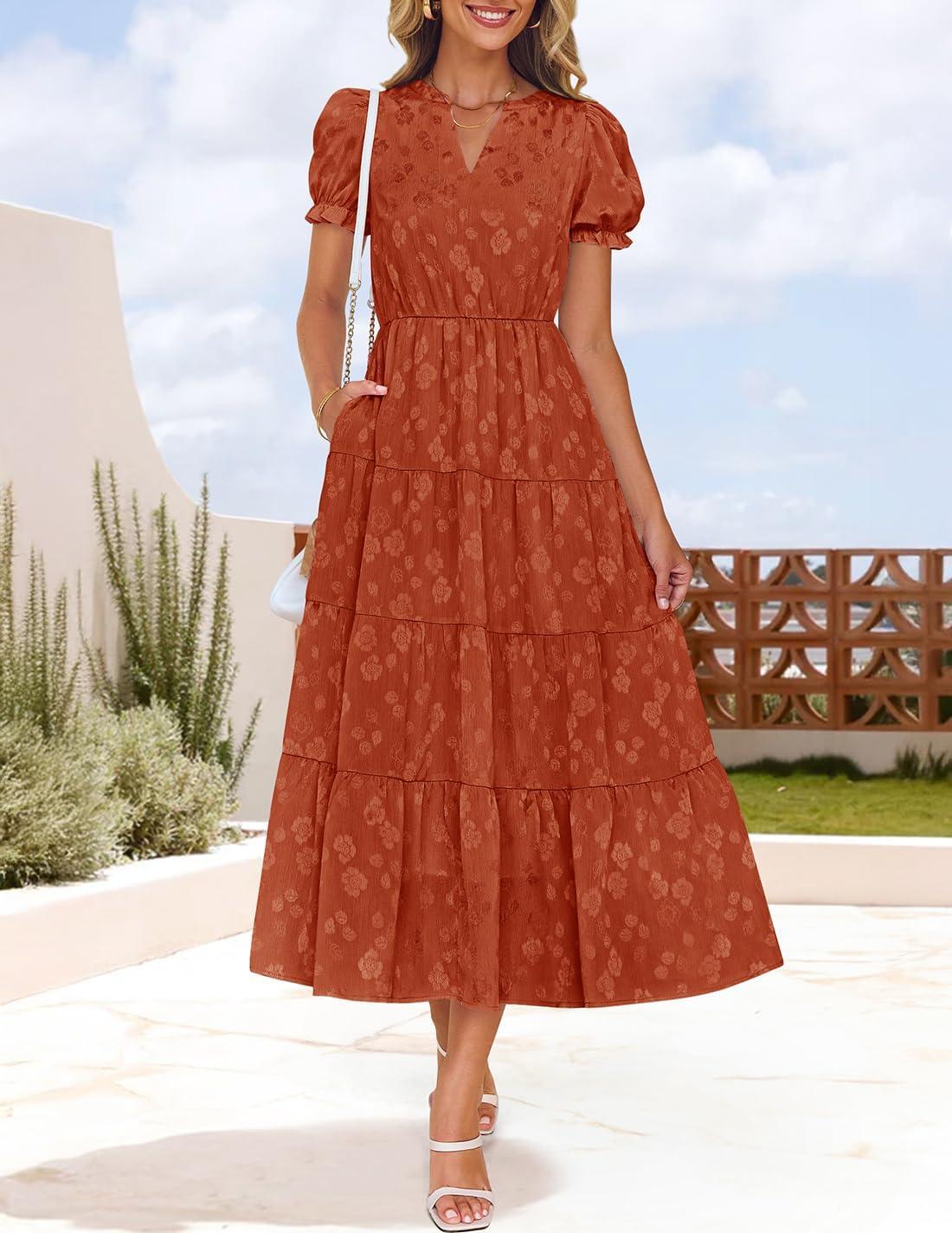 imageZESICA Womens 2025 Summer Puff Short Sleeve Midi Dress Floral V Neck Textured Ruffle Flowy Beach Party DressesRust