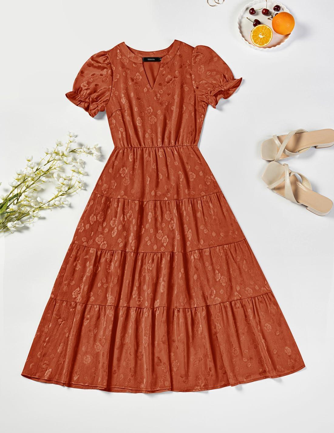 imageZESICA Womens 2025 Summer Puff Short Sleeve Midi Dress Floral V Neck Textured Ruffle Flowy Beach Party DressesRust