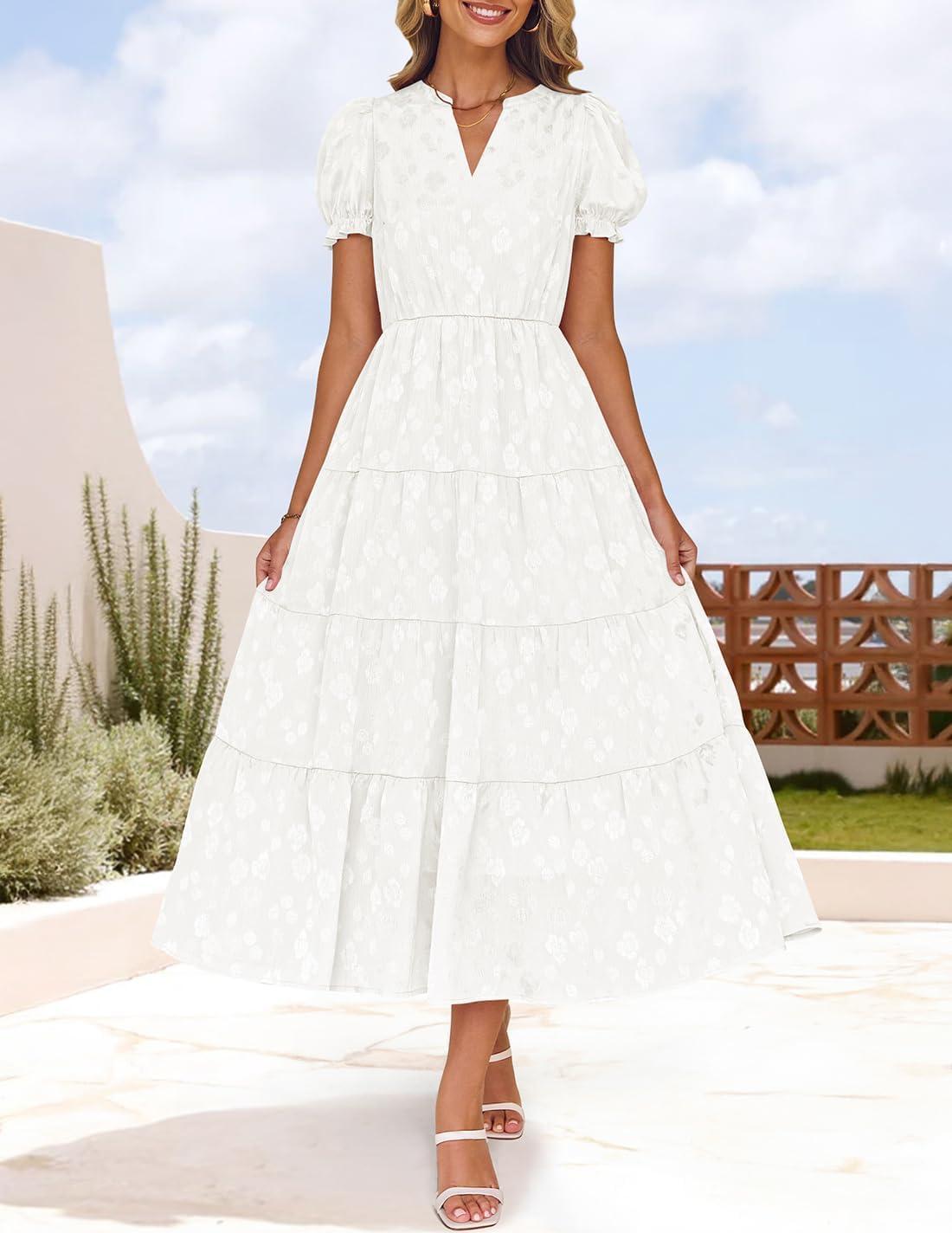 imageZESICA Womens 2025 Summer Puff Short Sleeve Midi Dress Floral V Neck Textured Ruffle Flowy Beach Party DressesWhite
