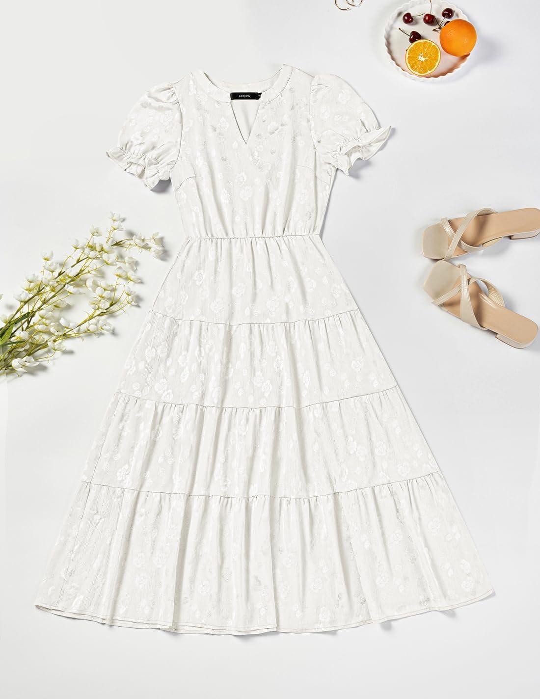 imageZESICA Womens 2025 Summer Puff Short Sleeve Midi Dress Floral V Neck Textured Ruffle Flowy Beach Party DressesWhite