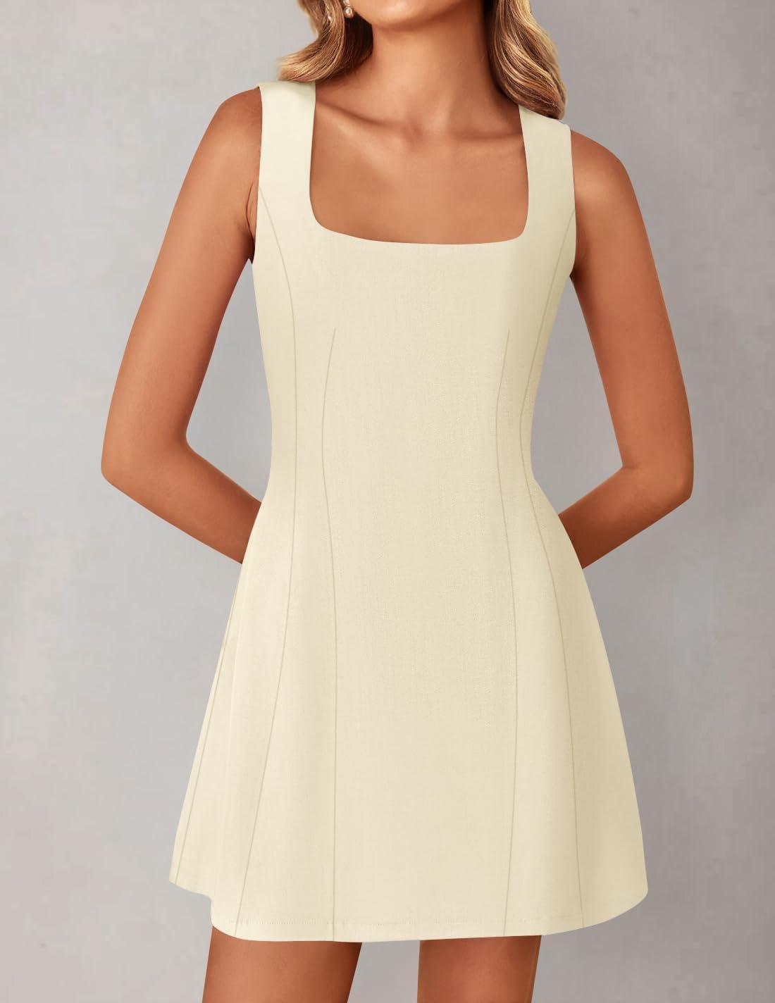 imageZESICA Womens 2025 Summer Sleeveless Tank Mini Dresses Square Neck A Line Flare Party Short DressApricot