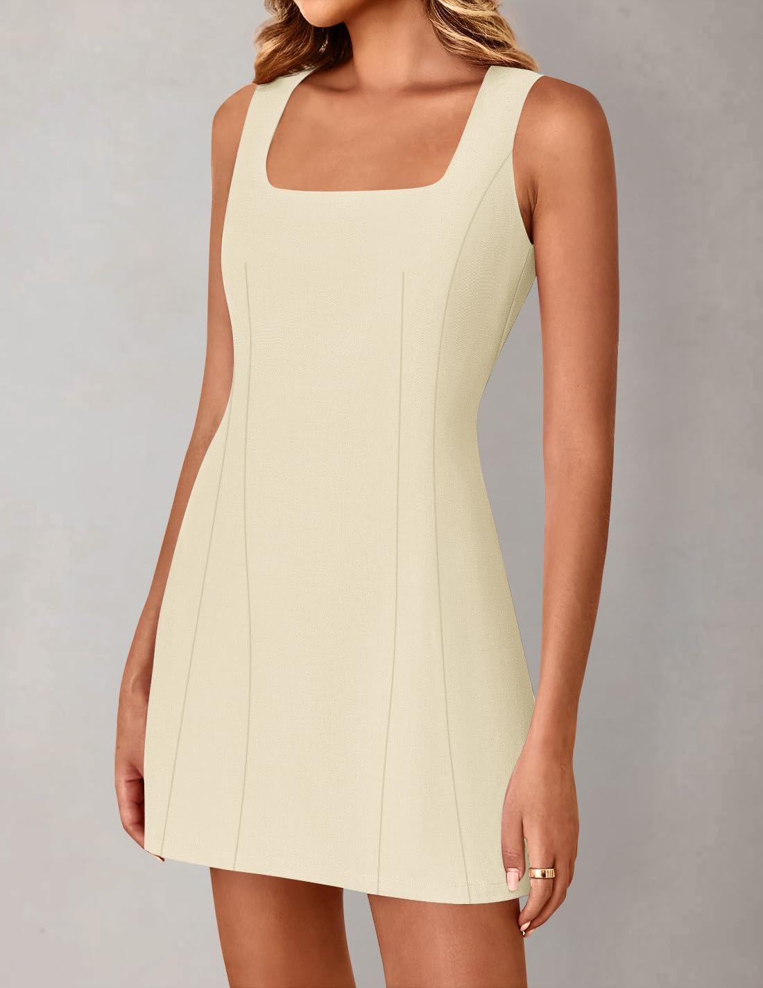 imageZESICA Womens 2025 Summer Sleeveless Tank Mini Dresses Square Neck A Line Flare Party Short DressApricot