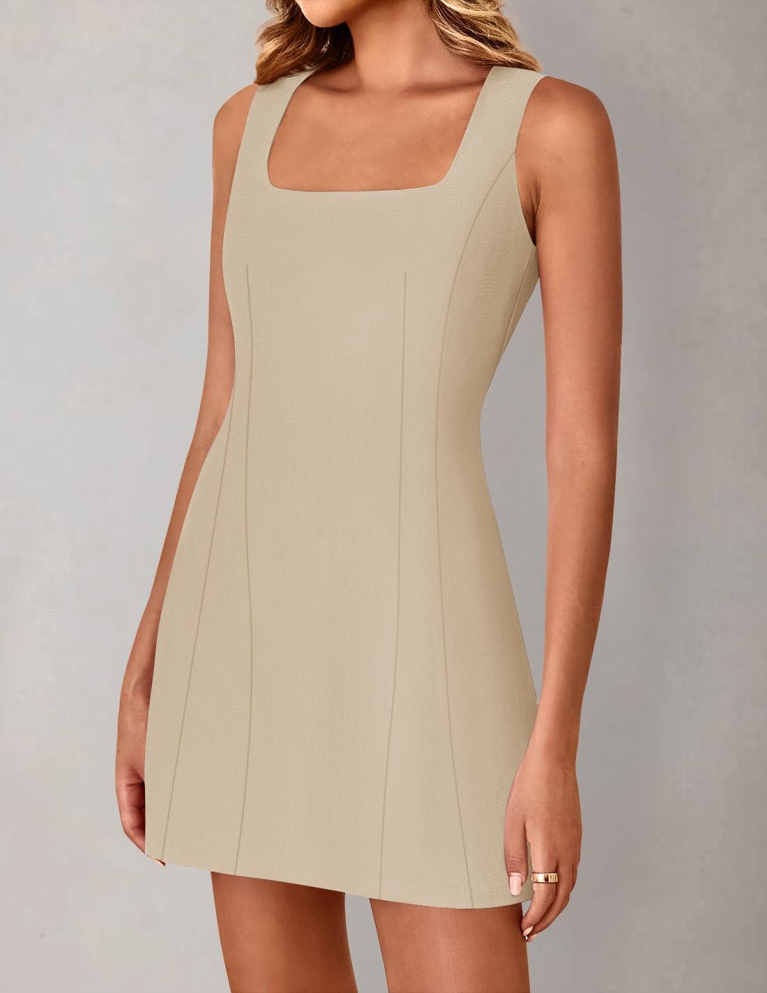imageZESICA Womens 2025 Summer Sleeveless Tank Mini Dresses Square Neck A Line Flare Party Short DressKhaki