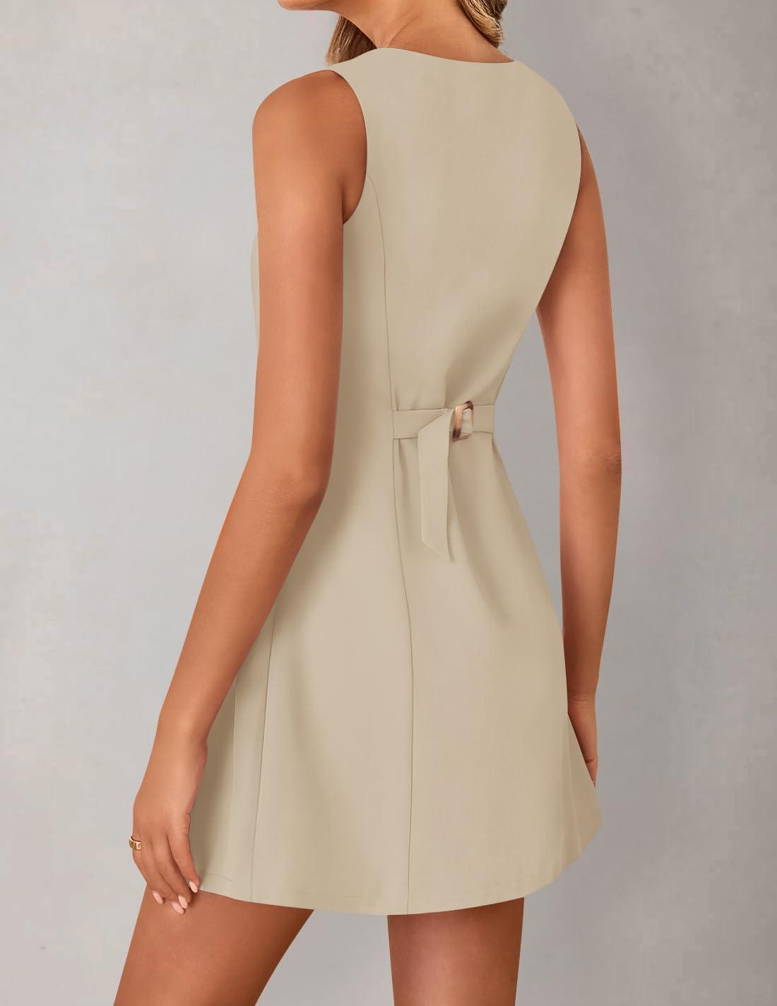 imageZESICA Womens 2025 Summer Sleeveless Tank Mini Dresses Square Neck A Line Flare Party Short DressKhaki