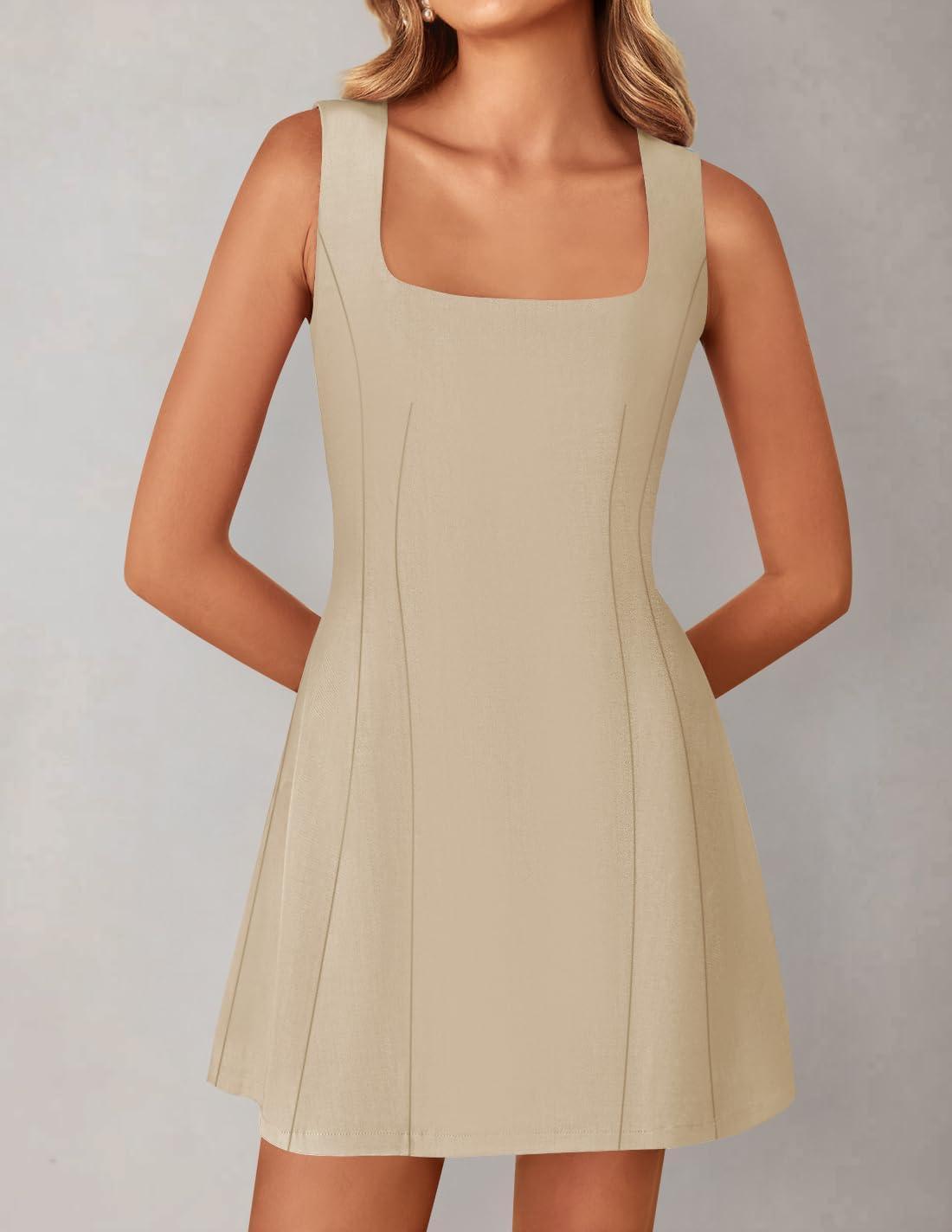 imageZESICA Womens 2025 Summer Sleeveless Tank Mini Dresses Square Neck A Line Flare Party Short DressKhaki