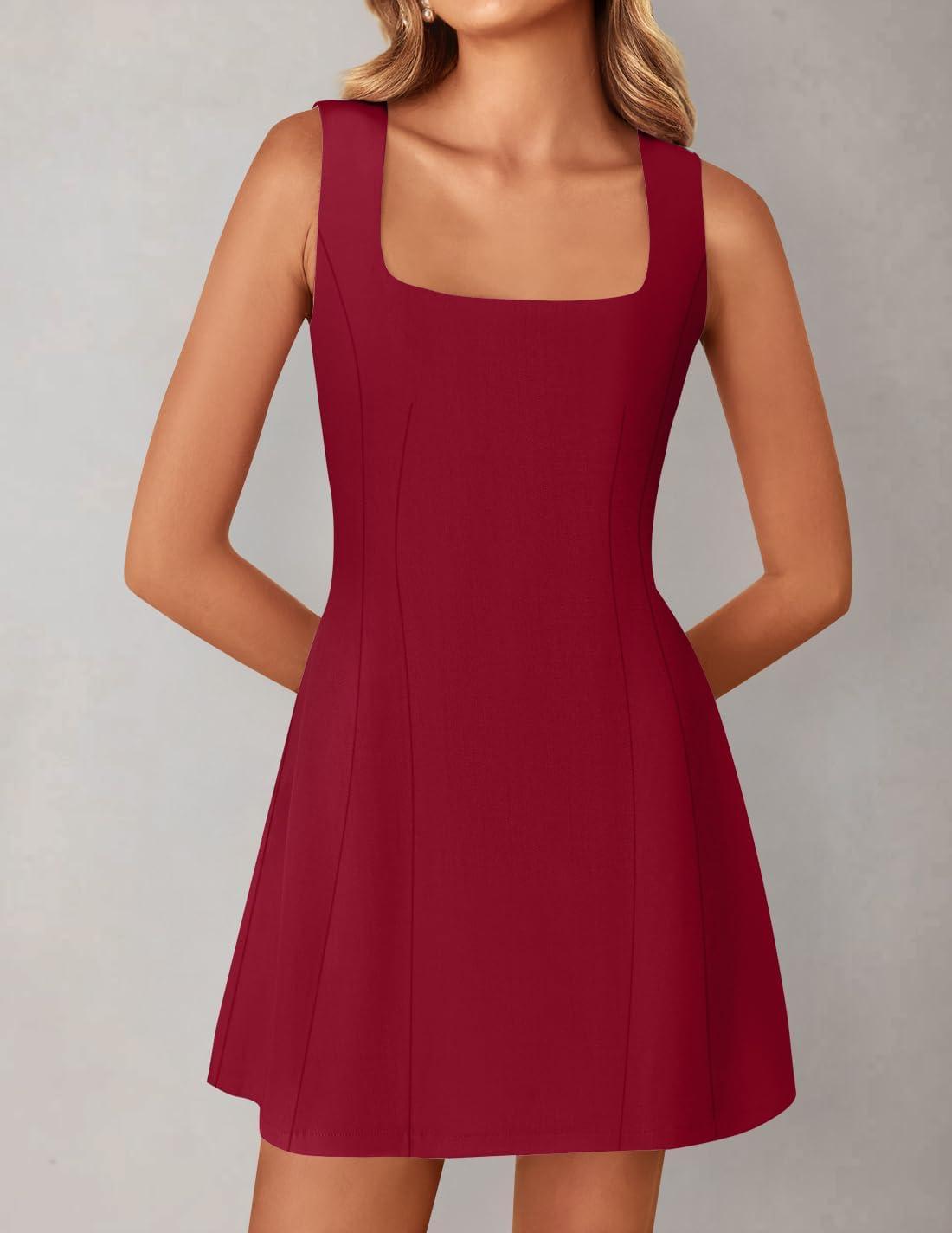 imageZESICA Womens 2025 Summer Sleeveless Tank Mini Dresses Square Neck A Line Flare Party Short DressRed