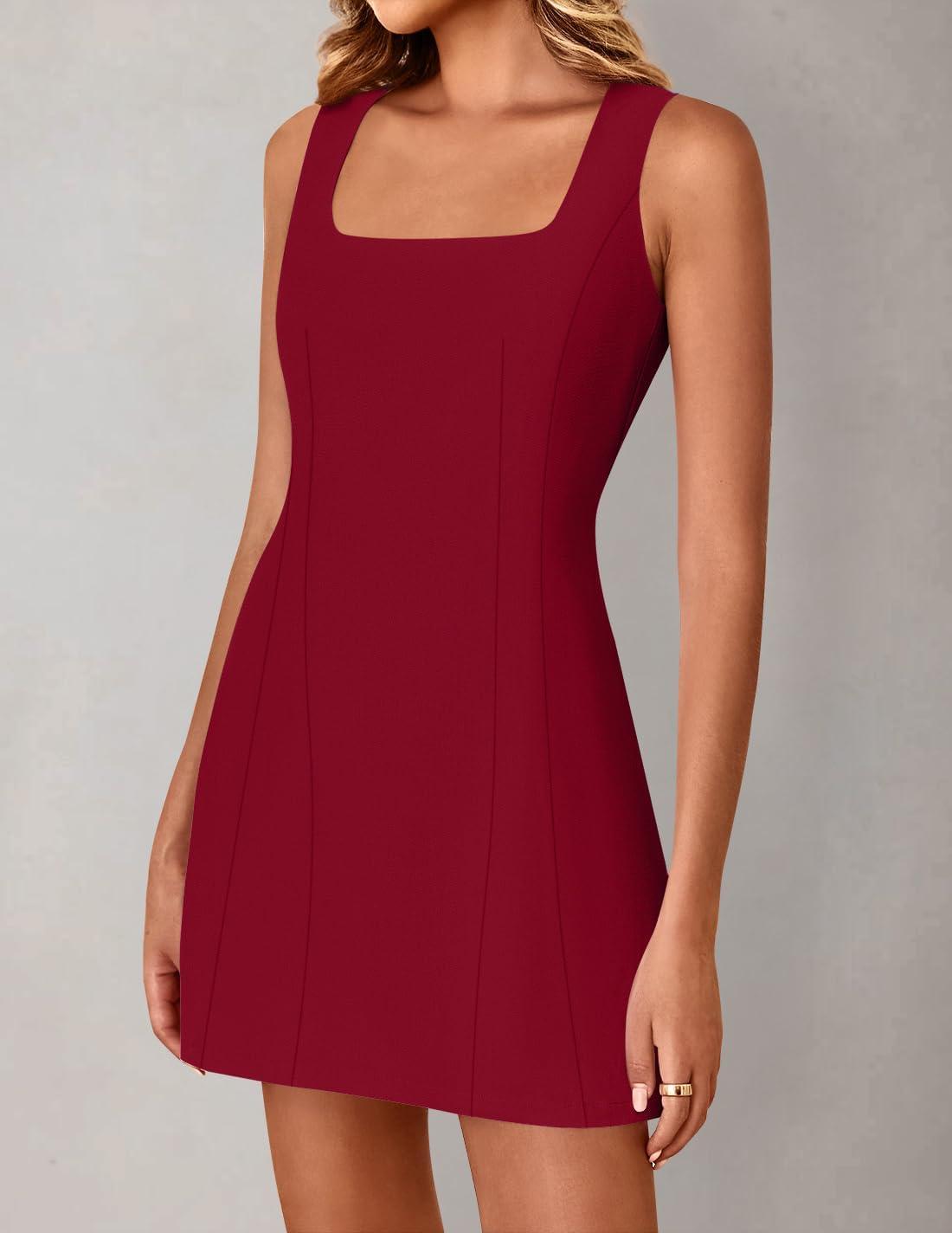 imageZESICA Womens 2025 Summer Sleeveless Tank Mini Dresses Square Neck A Line Flare Party Short DressRed