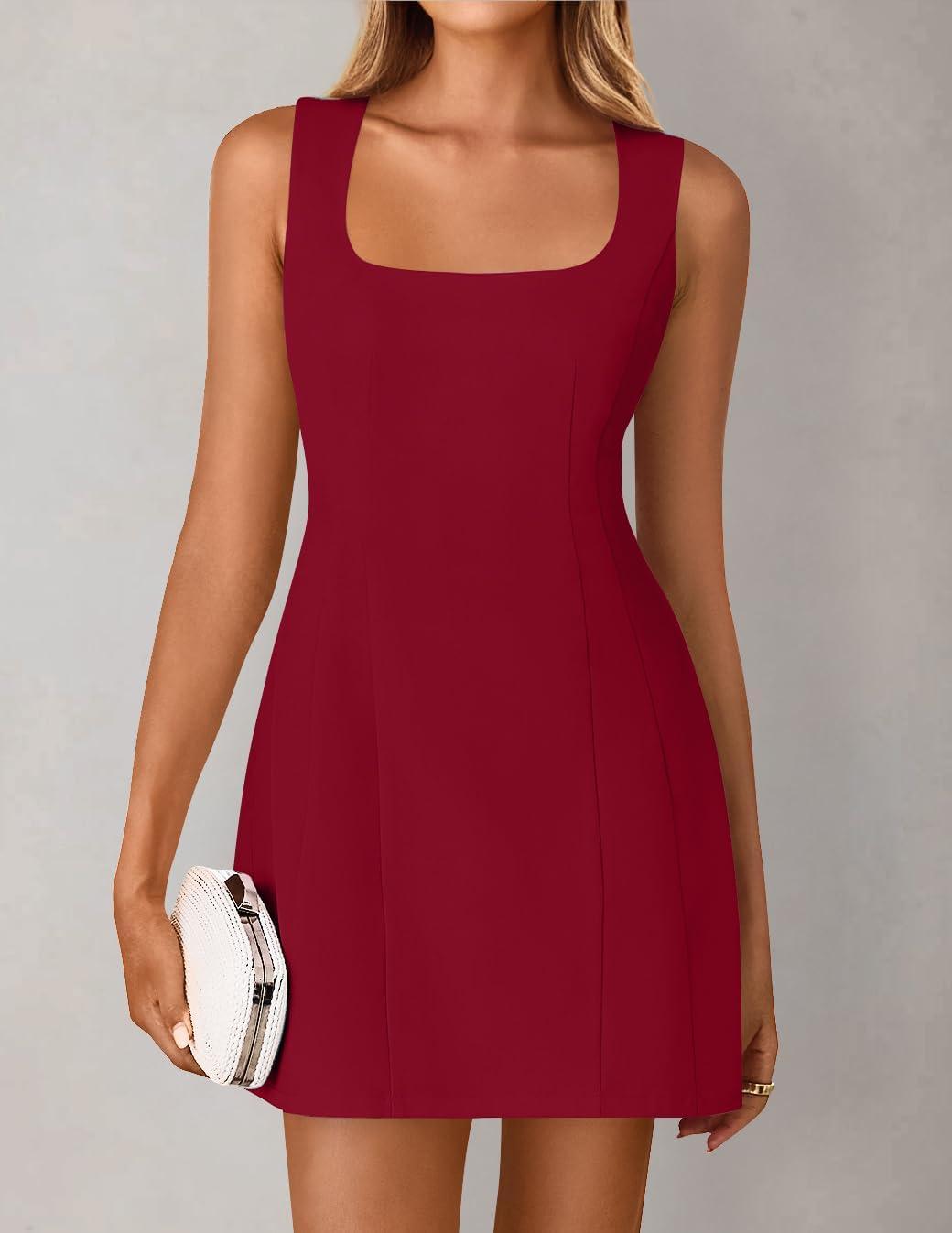imageZESICA Womens 2025 Summer Sleeveless Tank Mini Dresses Square Neck A Line Flare Party Short DressRed