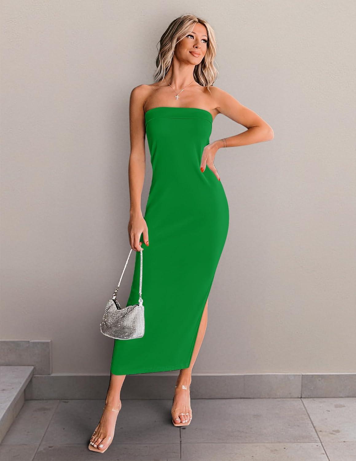 imageZESICA Womens 2025 Summer Strapless Bodycon Midi Dress Off Shoulder Strapless Side Slit Tube Long Club Party DressesGreen