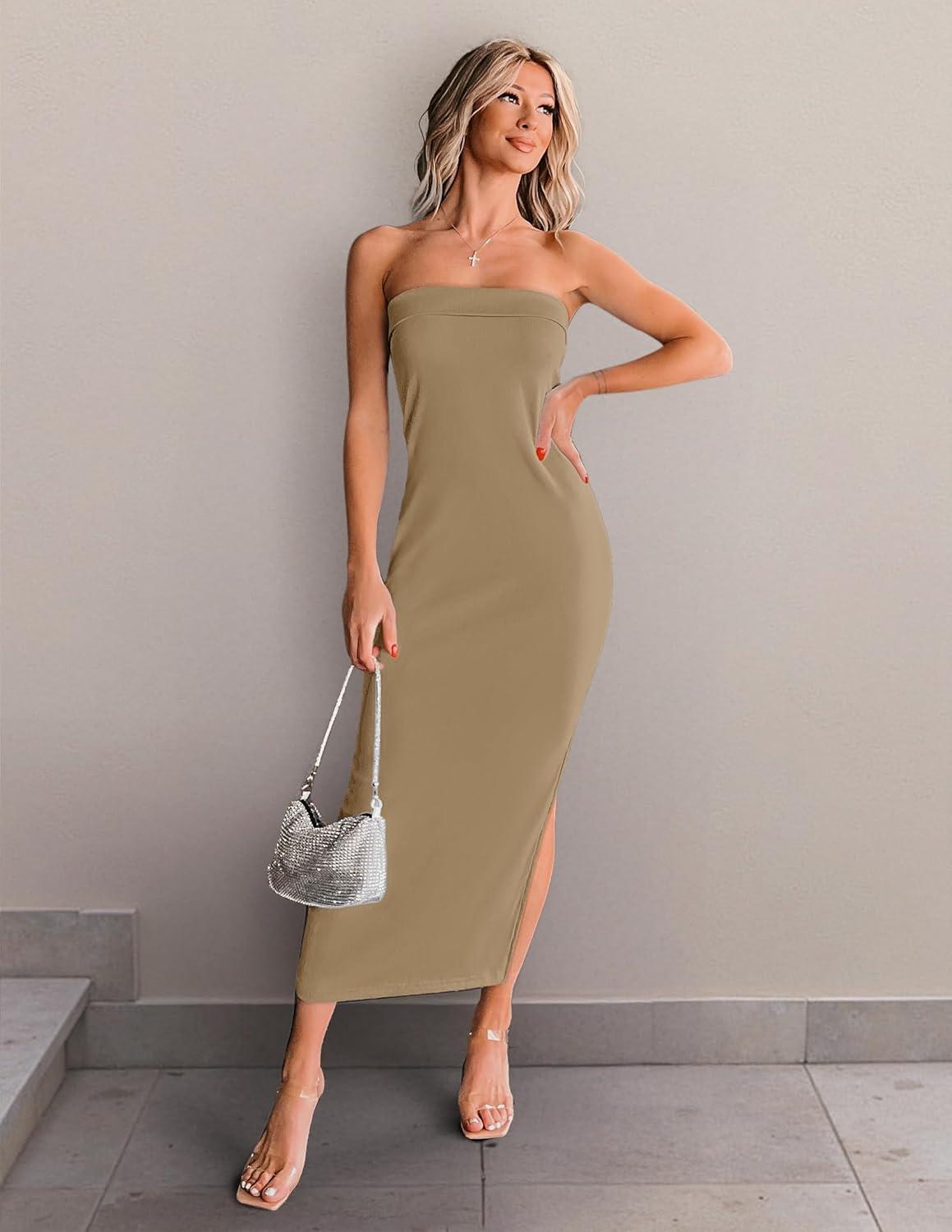 imageZESICA Womens 2025 Summer Strapless Bodycon Midi Dress Off Shoulder Strapless Side Slit Tube Long Club Party DressesKhaki