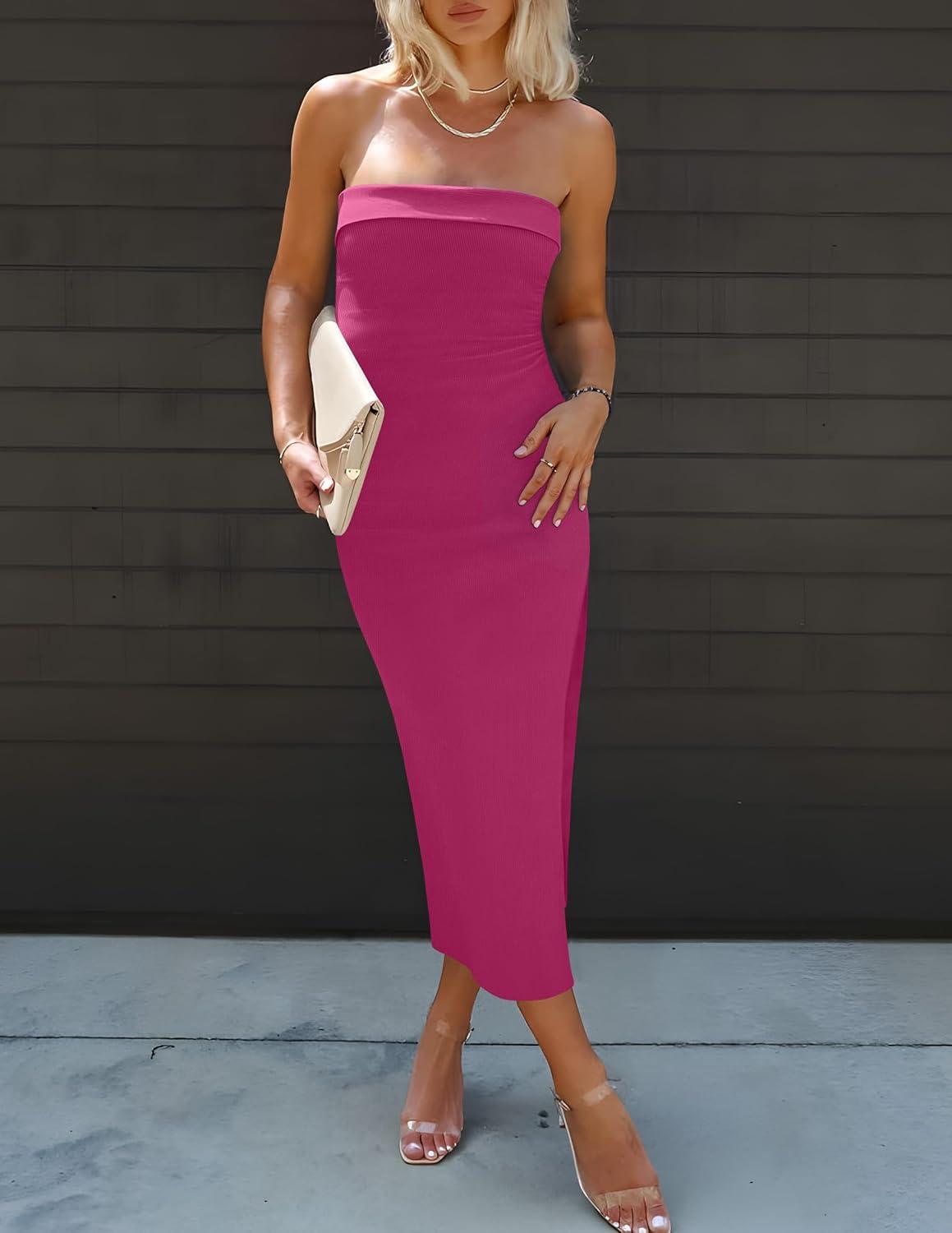 imageZESICA Womens 2025 Summer Strapless Bodycon Midi Dress Off Shoulder Strapless Side Slit Tube Long Club Party DressesPlum