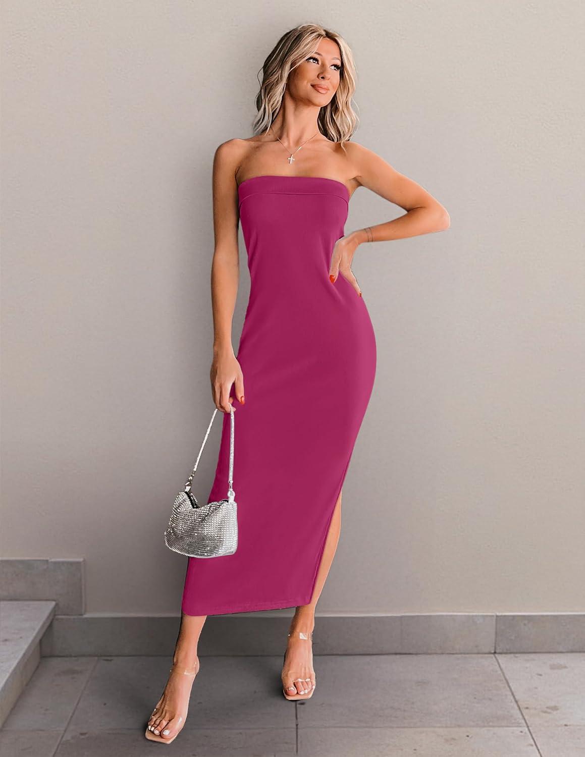 imageZESICA Womens 2025 Summer Strapless Bodycon Midi Dress Off Shoulder Strapless Side Slit Tube Long Club Party DressesPlum