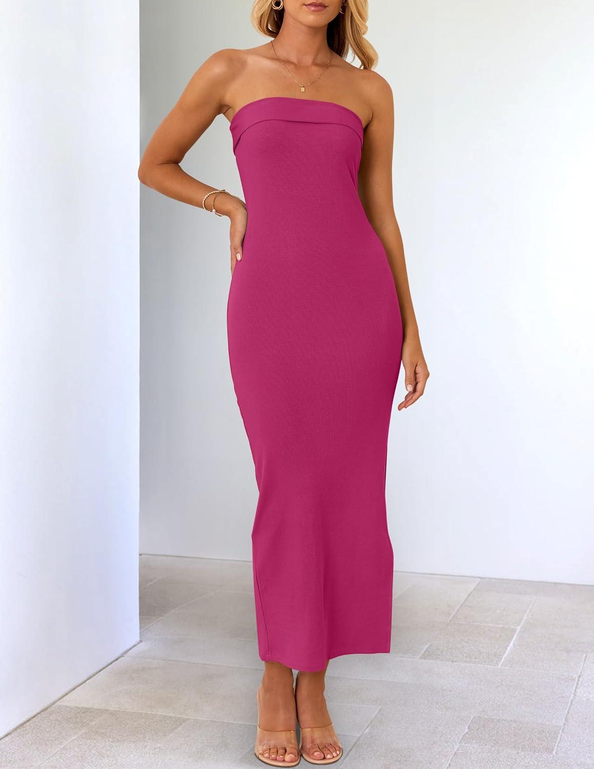 imageZESICA Womens 2025 Summer Strapless Bodycon Midi Dress Off Shoulder Strapless Side Slit Tube Long Club Party DressesPlum