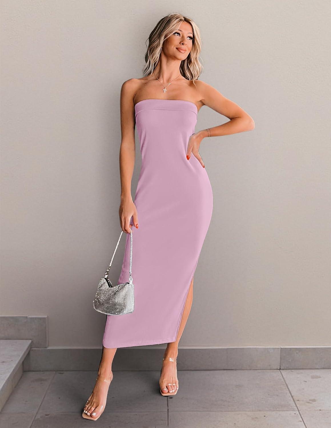 imageZESICA Womens 2025 Summer Strapless Bodycon Midi Dress Off Shoulder Strapless Side Slit Tube Long Club Party DressesPurple
