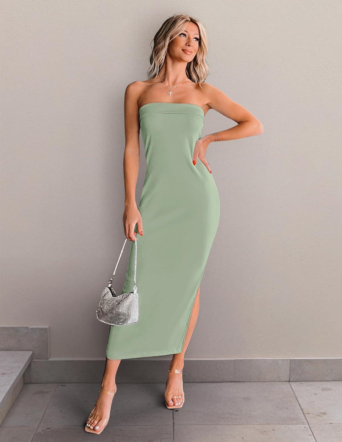 imageZESICA Womens 2025 Summer Strapless Bodycon Midi Dress Off Shoulder Strapless Side Slit Tube Long Club Party DressesSage