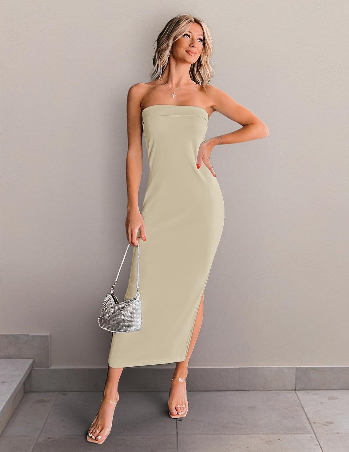 imageZESICA Womens 2025 Summer Strapless Bodycon Midi Dress Off Shoulder Strapless Side Slit Tube Long Club Party DressesSand