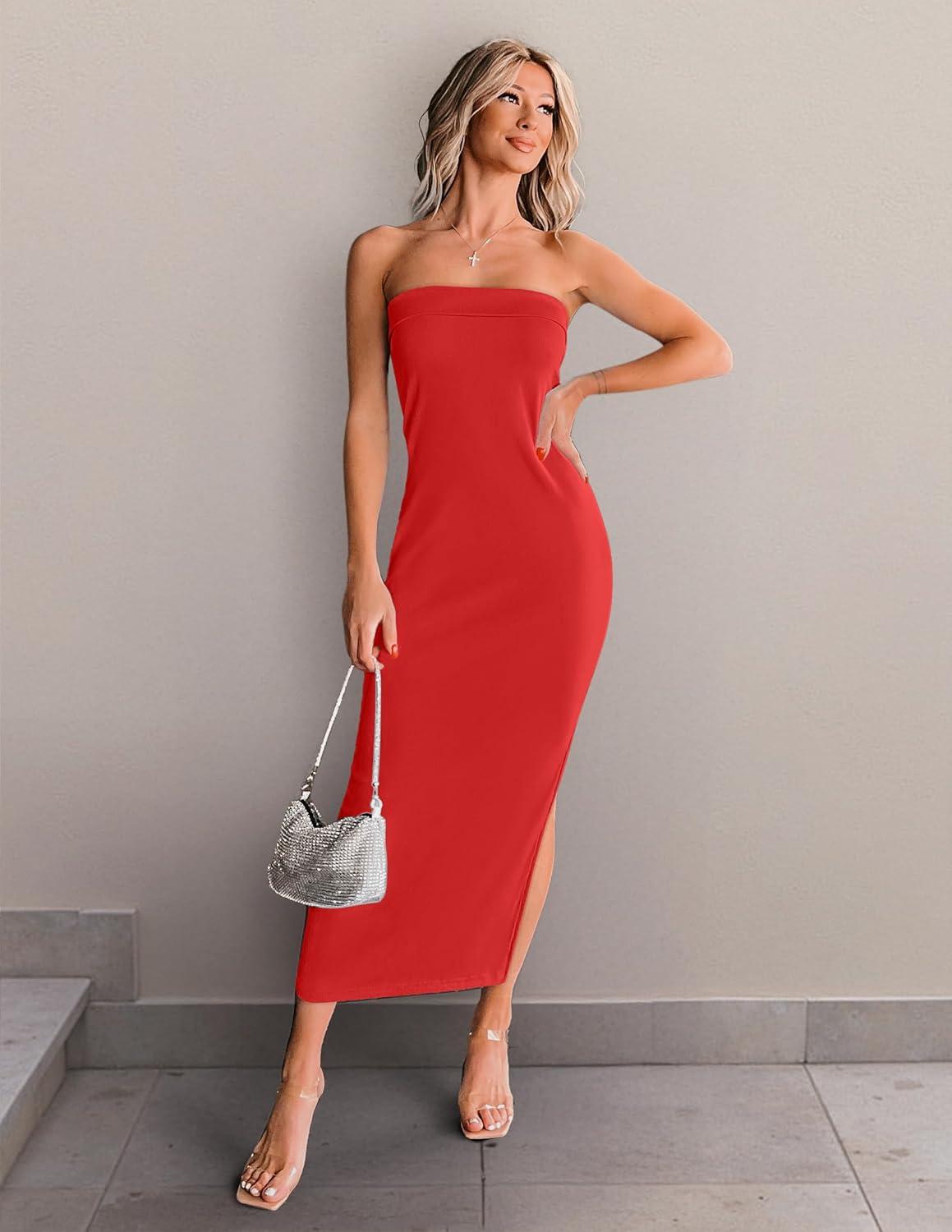 imageZESICA Womens 2025 Summer Strapless Bodycon Midi Dress Off Shoulder Strapless Side Slit Tube Long Club Party DressesWatermelon