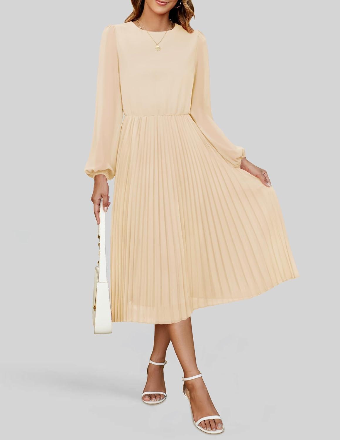 imageZESICA Womens Fall Long Sleeve Dresses 2025 Casual Crewneck Chiffon Swing Pleated A Line Cocktail Party Midi DressApricot