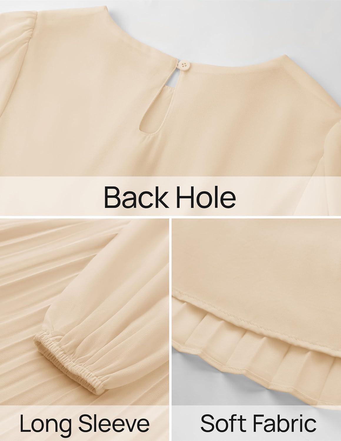 imageZESICA Womens Fall Long Sleeve Dresses 2025 Casual Crewneck Chiffon Swing Pleated A Line Cocktail Party Midi DressApricot