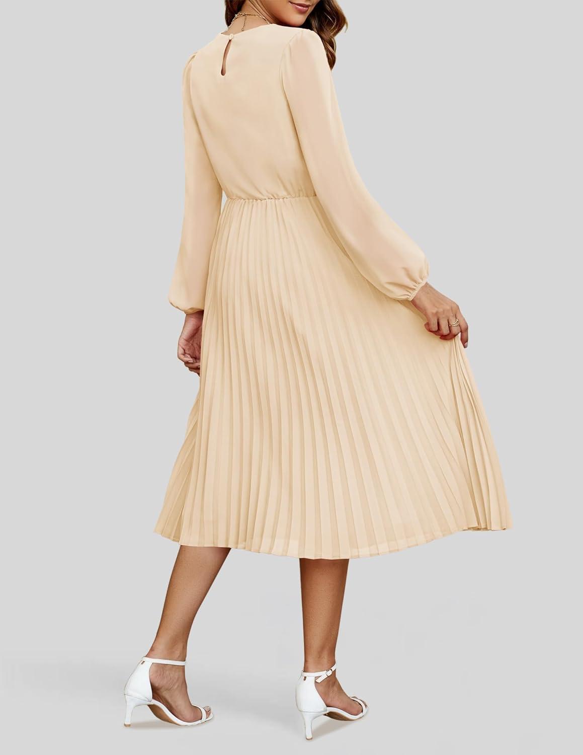 imageZESICA Womens Fall Long Sleeve Dresses 2025 Casual Crewneck Chiffon Swing Pleated A Line Cocktail Party Midi DressApricot