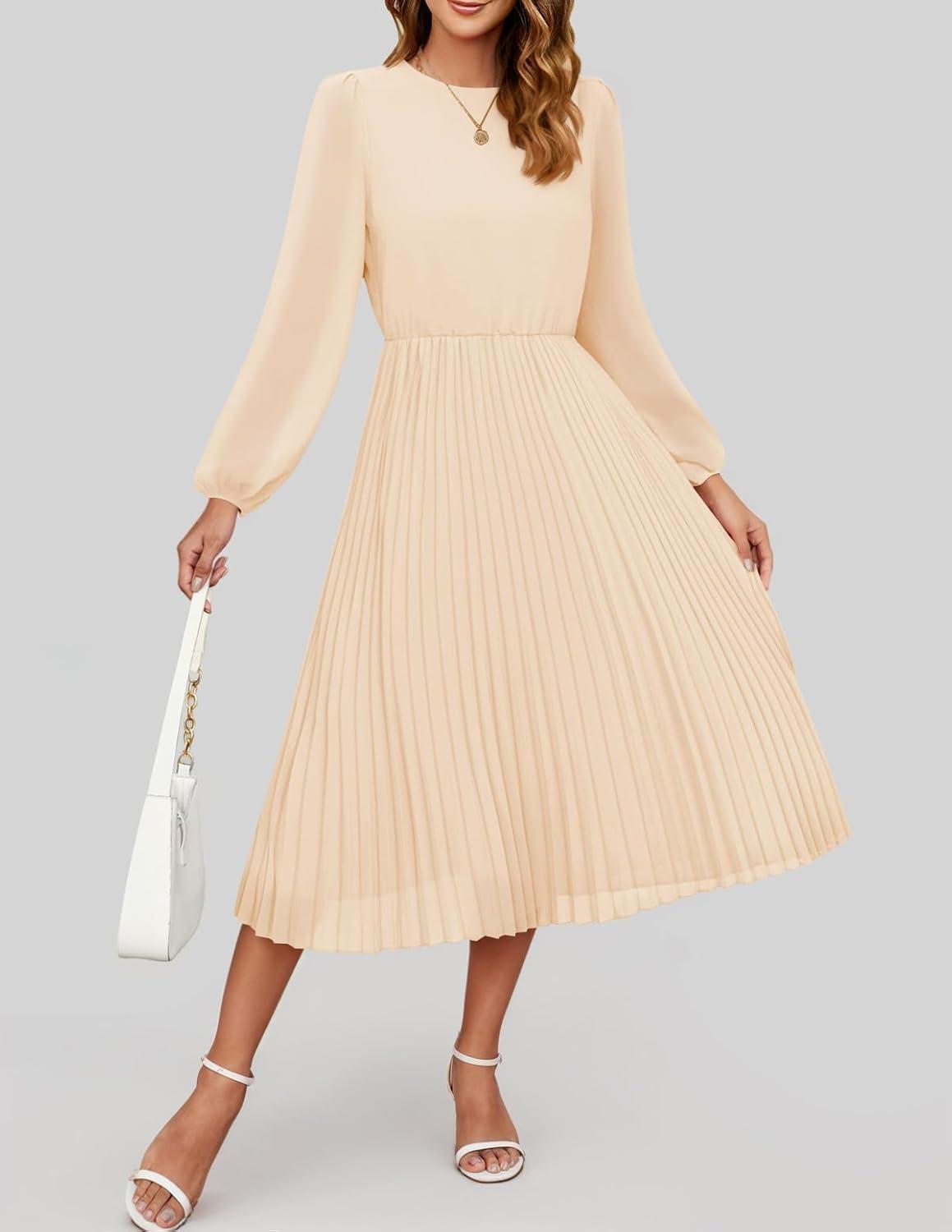 imageZESICA Womens Fall Long Sleeve Dresses 2025 Casual Crewneck Chiffon Swing Pleated A Line Cocktail Party Midi DressApricot