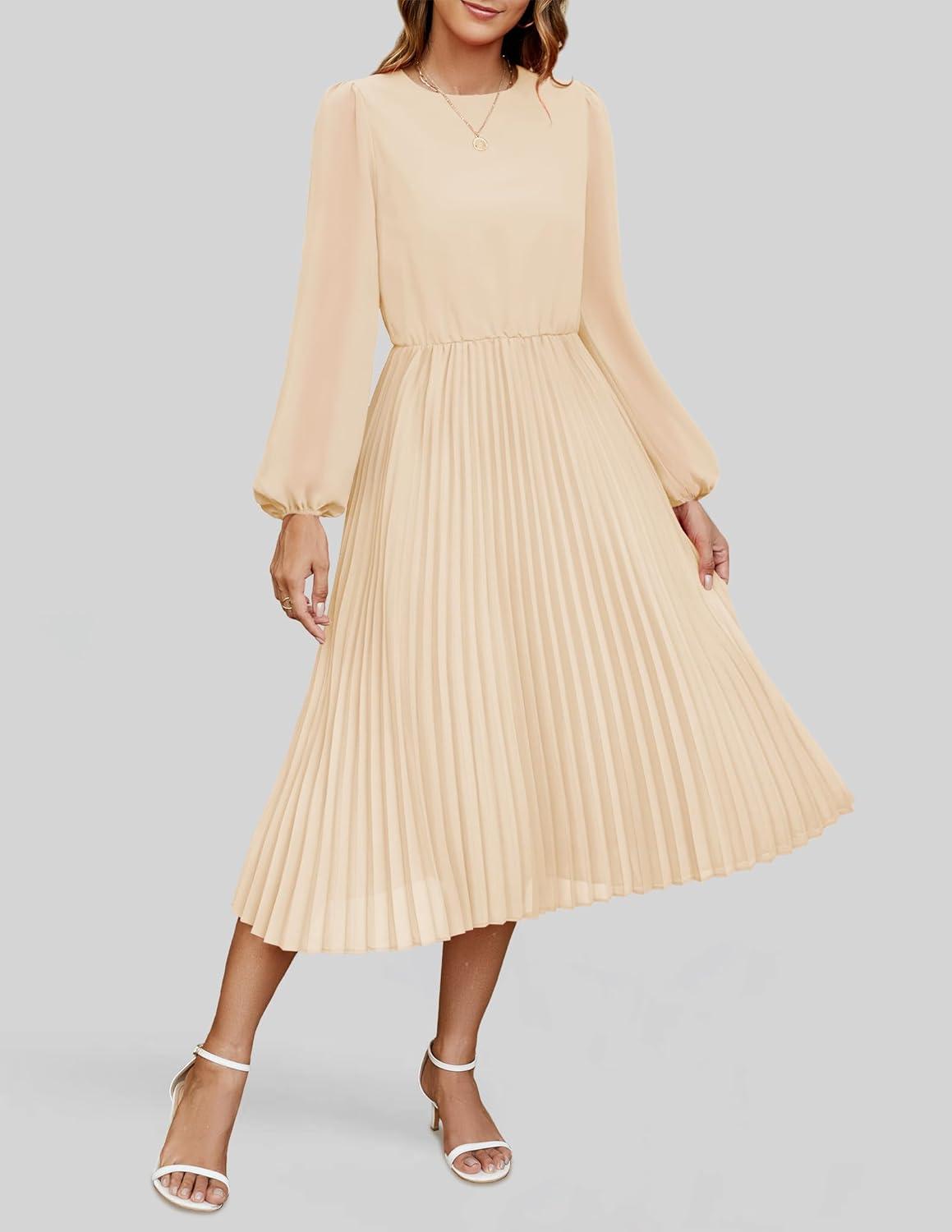 imageZESICA Womens Fall Long Sleeve Dresses 2025 Casual Crewneck Chiffon Swing Pleated A Line Cocktail Party Midi DressApricot