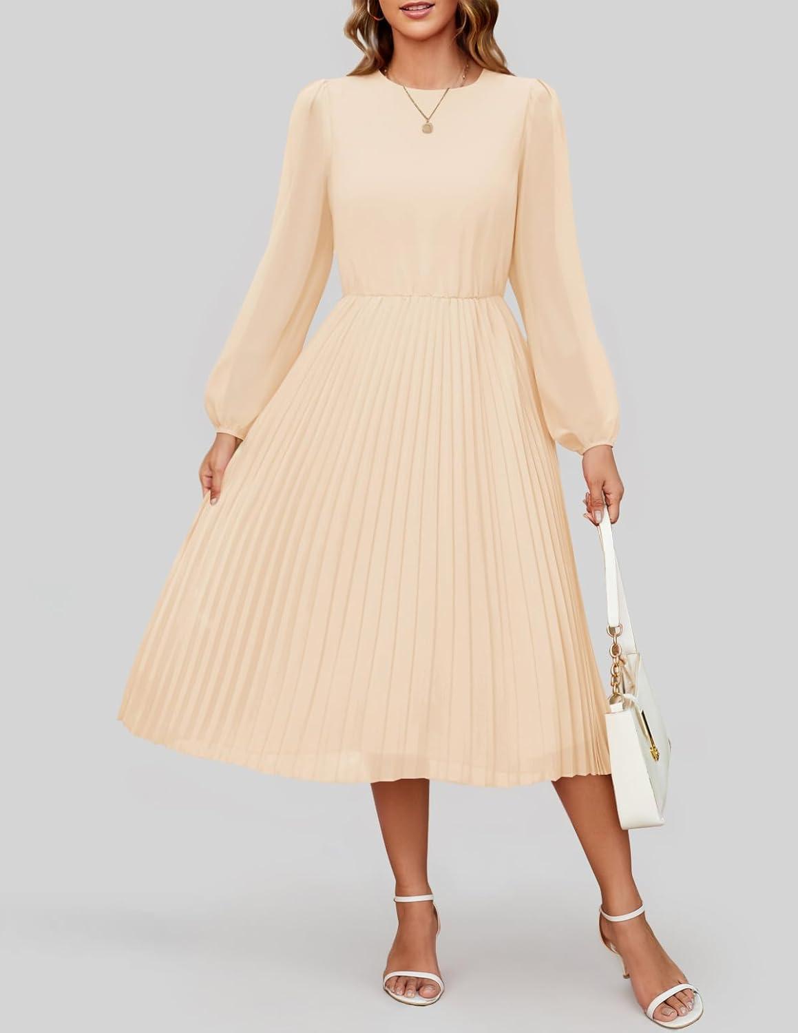 imageZESICA Womens Fall Long Sleeve Dresses 2025 Casual Crewneck Chiffon Swing Pleated A Line Cocktail Party Midi DressApricot