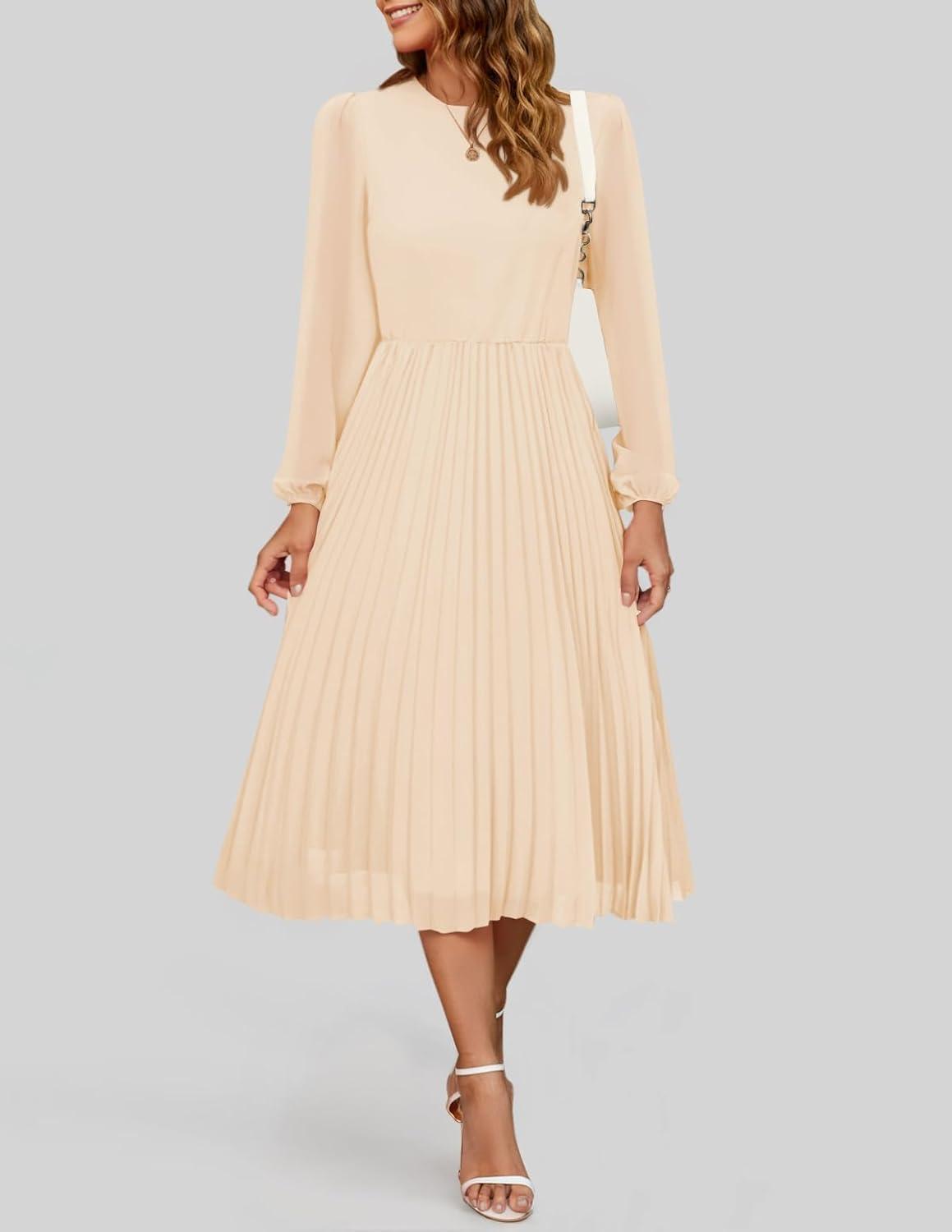 imageZESICA Womens Fall Long Sleeve Dresses 2025 Casual Crewneck Chiffon Swing Pleated A Line Cocktail Party Midi DressApricot