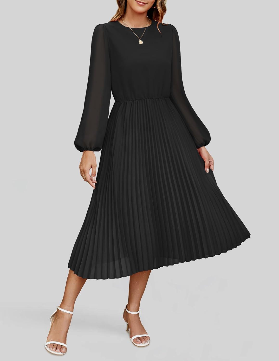 imageZESICA Womens Fall Long Sleeve Dresses 2025 Casual Crewneck Chiffon Swing Pleated A Line Cocktail Party Midi DressBlack