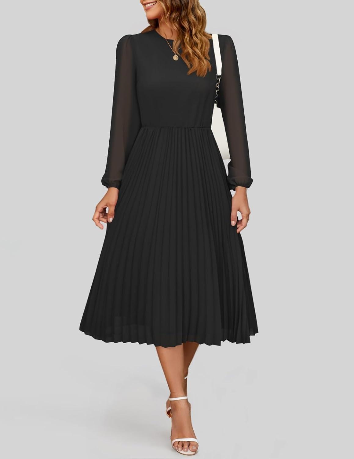 imageZESICA Womens Fall Long Sleeve Dresses 2025 Casual Crewneck Chiffon Swing Pleated A Line Cocktail Party Midi DressBlack