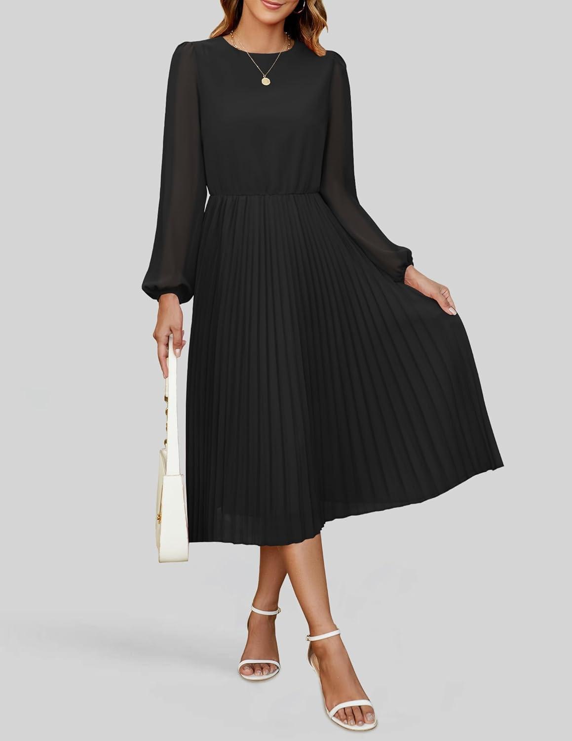 imageZESICA Womens Fall Long Sleeve Dresses 2025 Casual Crewneck Chiffon Swing Pleated A Line Cocktail Party Midi DressBlack