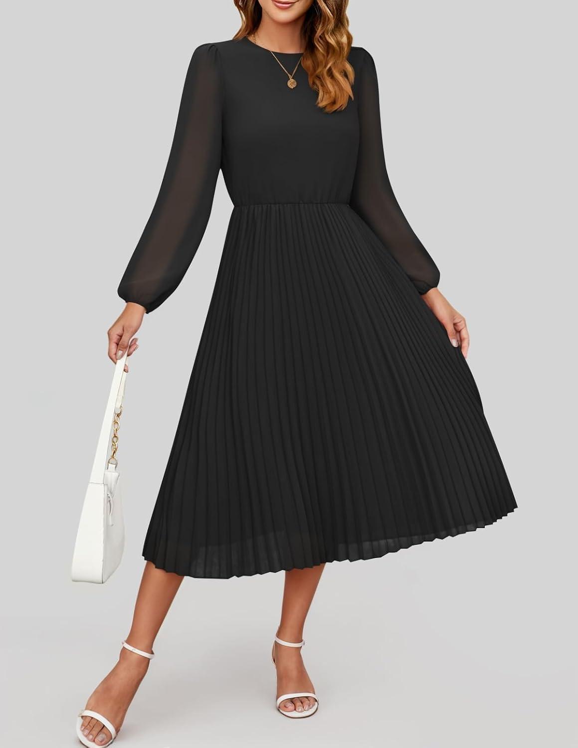 imageZESICA Womens Fall Long Sleeve Dresses 2025 Casual Crewneck Chiffon Swing Pleated A Line Cocktail Party Midi DressBlack
