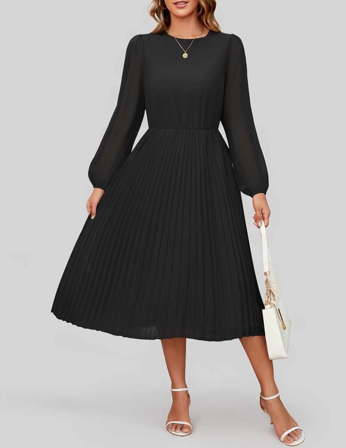 imageZESICA Womens Fall Long Sleeve Dresses 2025 Casual Crewneck Chiffon Swing Pleated A Line Cocktail Party Midi DressBlack