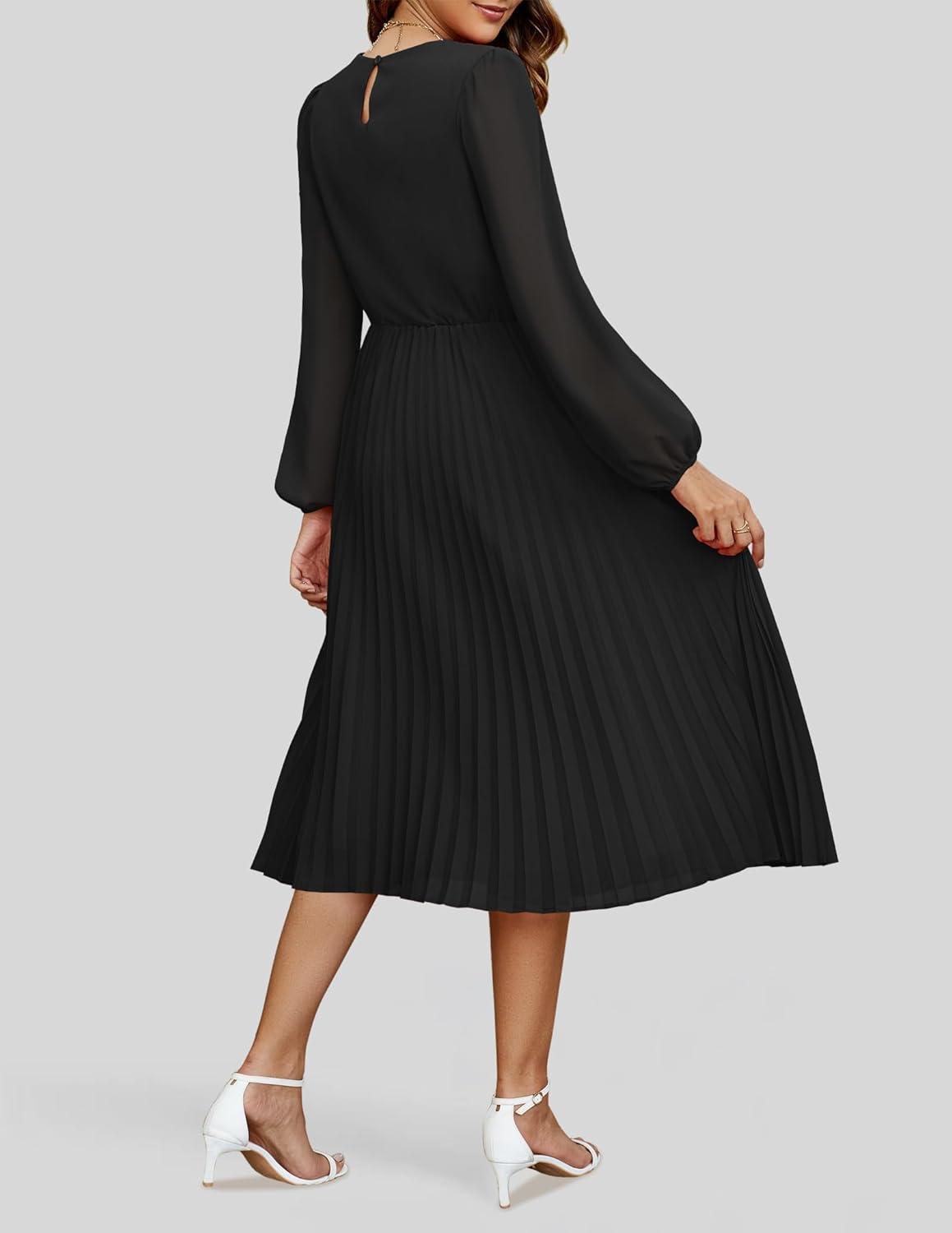 imageZESICA Womens Fall Long Sleeve Dresses 2025 Casual Crewneck Chiffon Swing Pleated A Line Cocktail Party Midi DressBlack