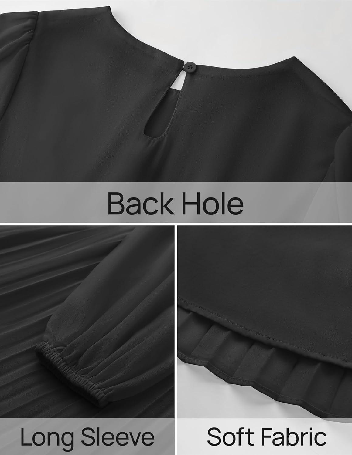 imageZESICA Womens Fall Long Sleeve Dresses 2025 Casual Crewneck Chiffon Swing Pleated A Line Cocktail Party Midi DressBlack