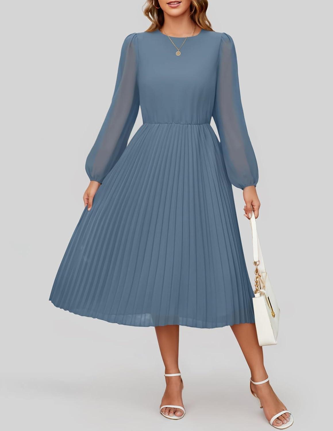 imageZESICA Womens Fall Long Sleeve Dresses 2025 Casual Crewneck Chiffon Swing Pleated A Line Cocktail Party Midi DressDusty Blue