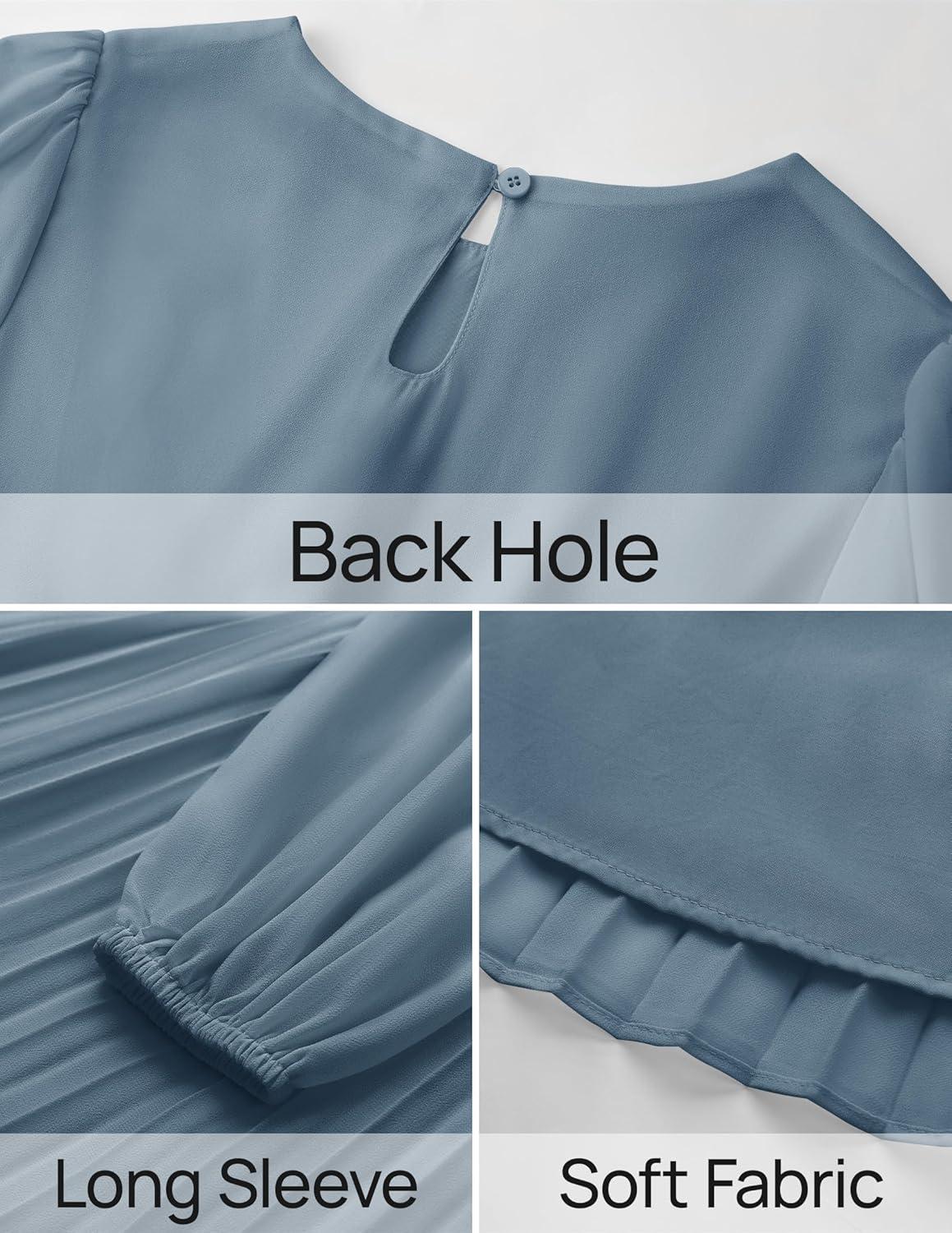 imageZESICA Womens Fall Long Sleeve Dresses 2025 Casual Crewneck Chiffon Swing Pleated A Line Cocktail Party Midi DressDusty Blue