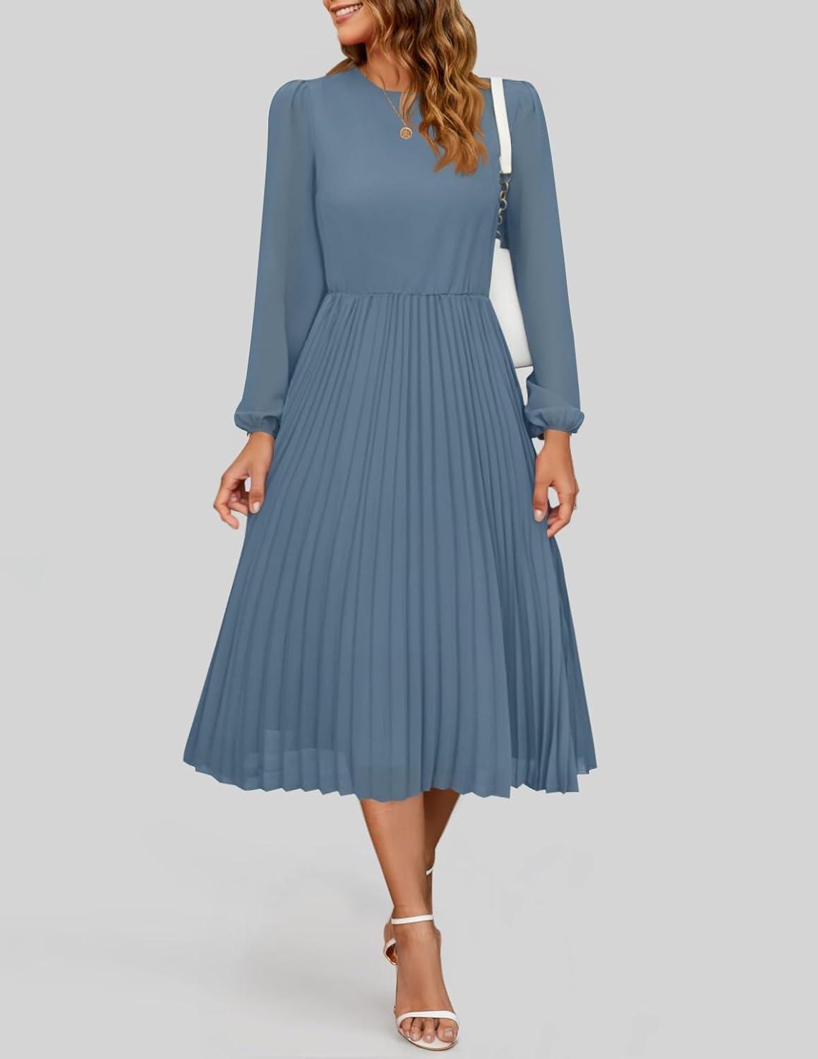imageZESICA Womens Fall Long Sleeve Dresses 2025 Casual Crewneck Chiffon Swing Pleated A Line Cocktail Party Midi DressDusty Blue
